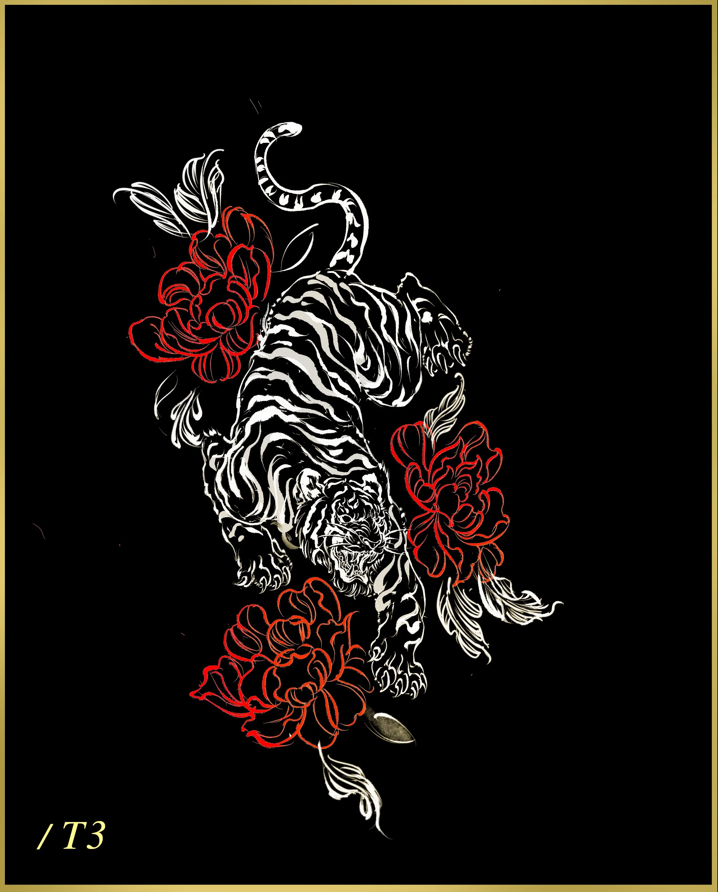 Asian-style tiger tattoo design with bold lines and flowing movement created, brushstroke and floral at Bored Ink Club Los Angeles.  San Francisco, New York