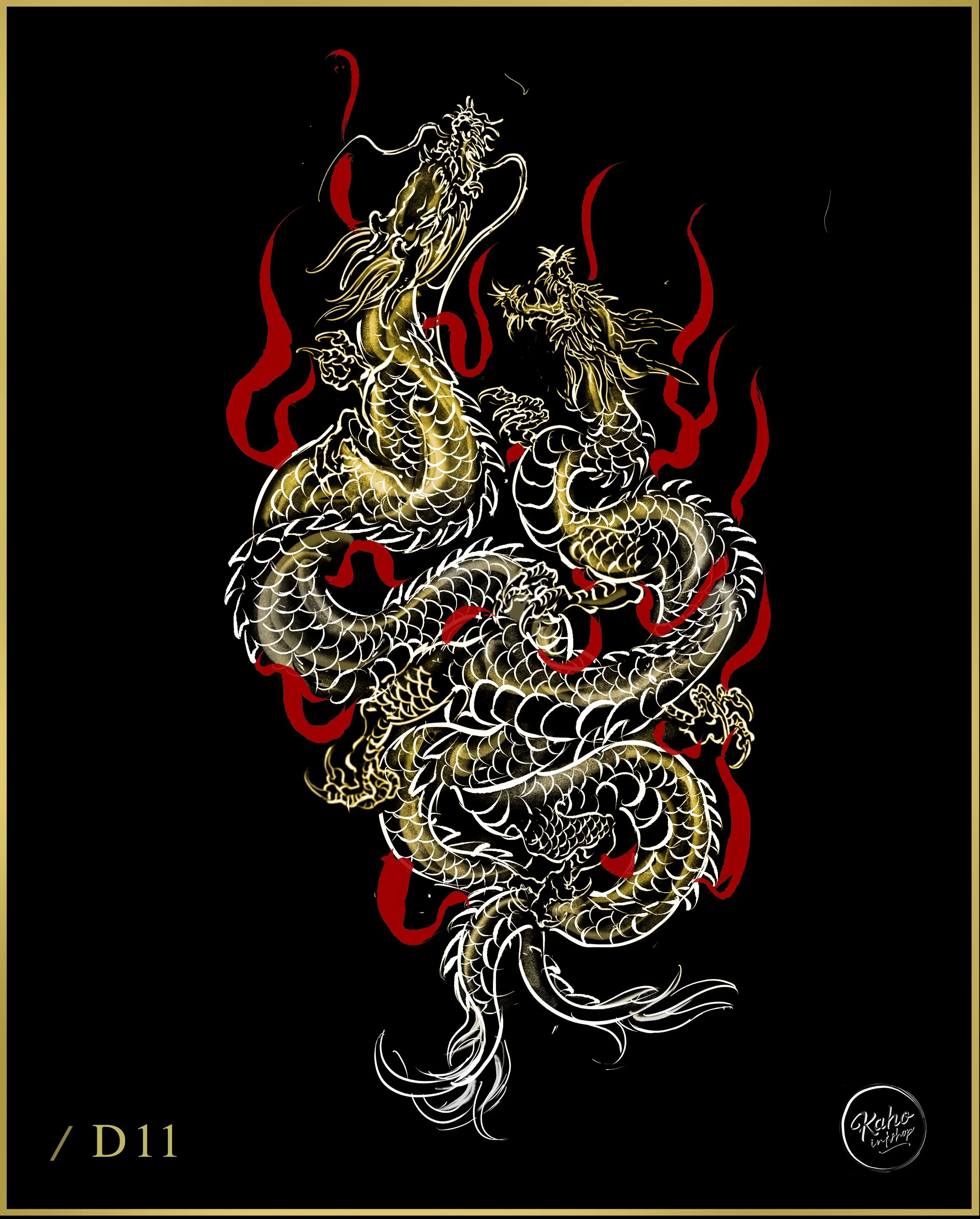 Asian  style twin dragon tattoo with two dragons intertwined with flames crafted  and designed by bored ink club los angeles