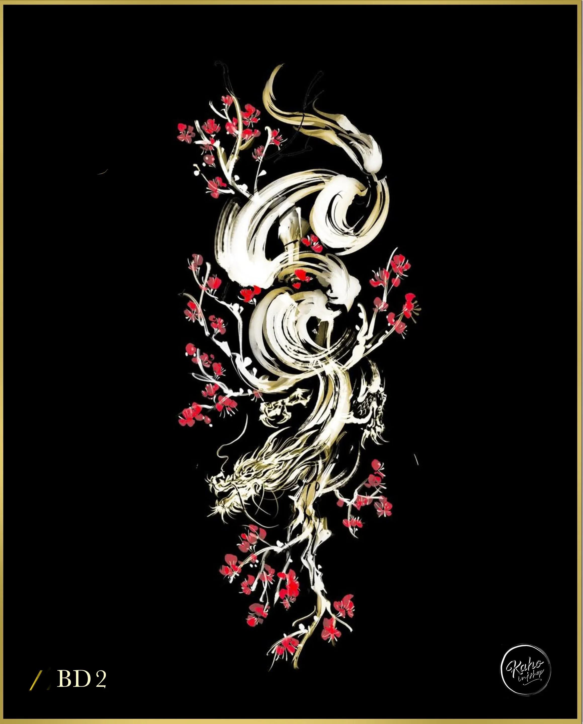 Brush stroke dragon tattoo flying down with plum blossom designed by bored ink club los angeles