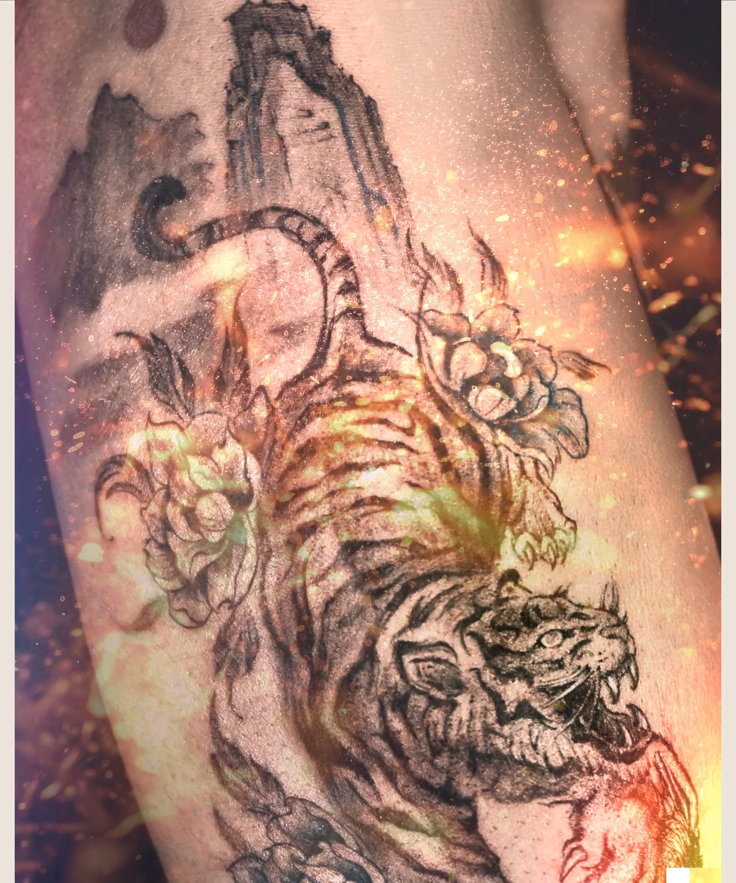 Asian tiger tattoo and Asian landscape designed by Bored ink club, located in Los Angeles