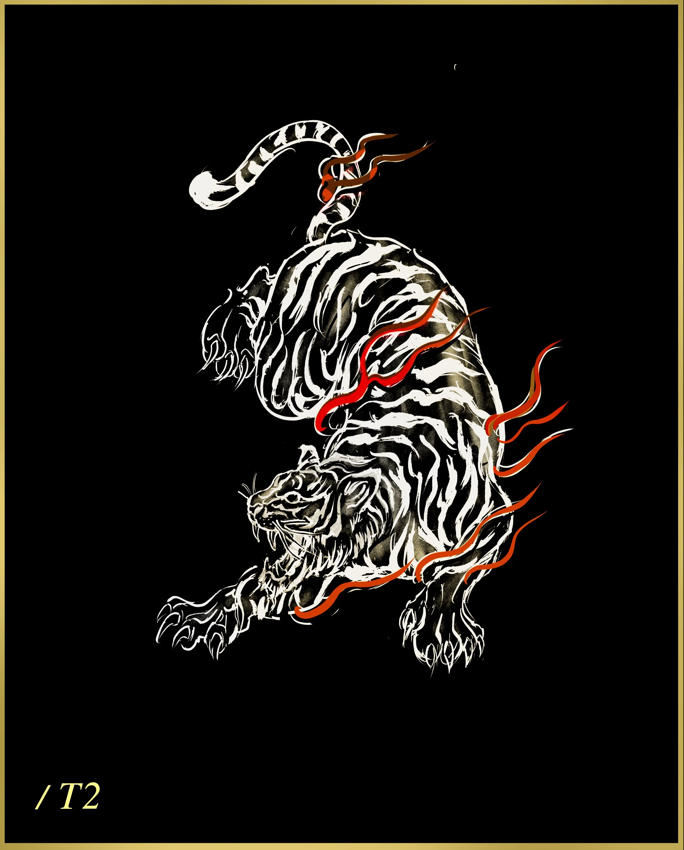 Asian-style tiger tattoo design with bold lines and flowing movement created, brushstroke and floral at Bored Ink Club Los Angeles.  San Francisco, New York