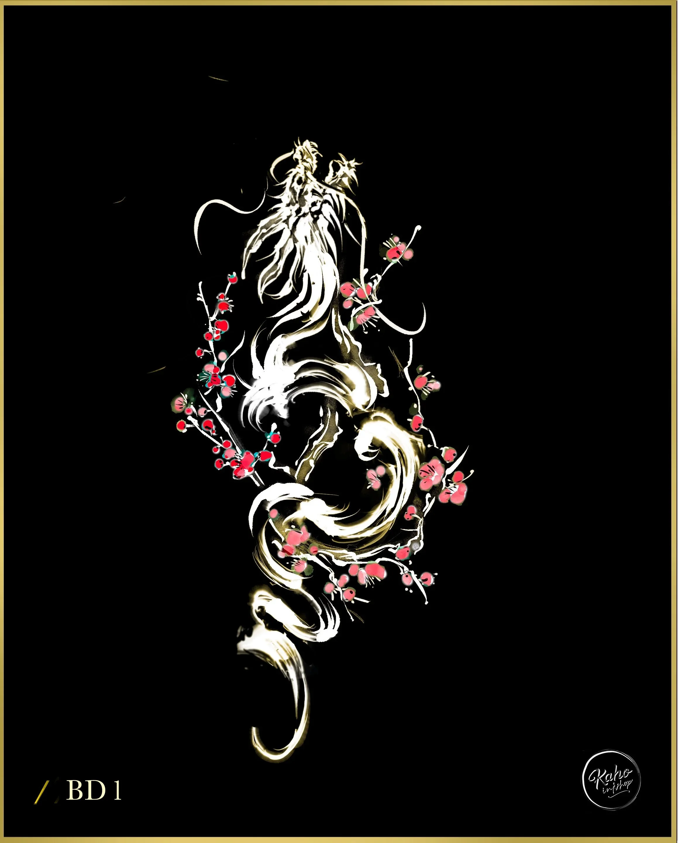 Brush stroke dragon tattoo with plum blossom designed by bored ink club los angeles