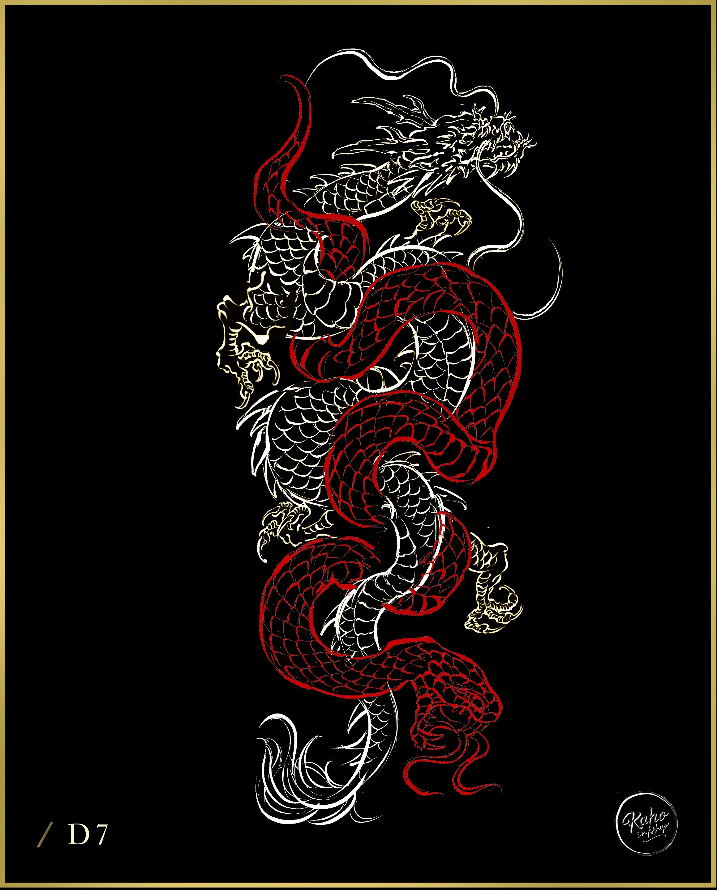 Dragon and snake interwine tattoo designed in red and black by Bored Ink Club los angeles