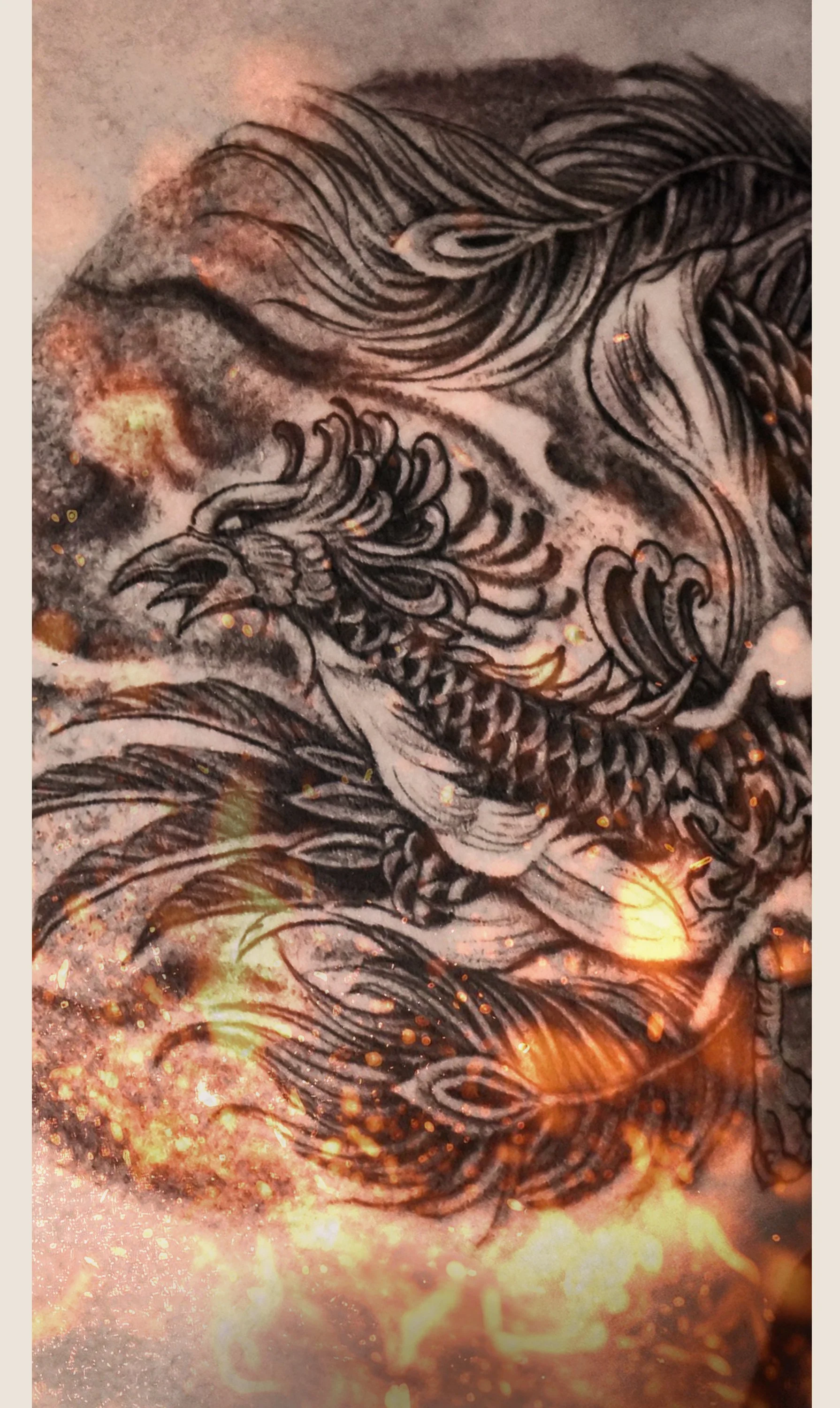 Close-up of a tattoo featuring a pheonix with background