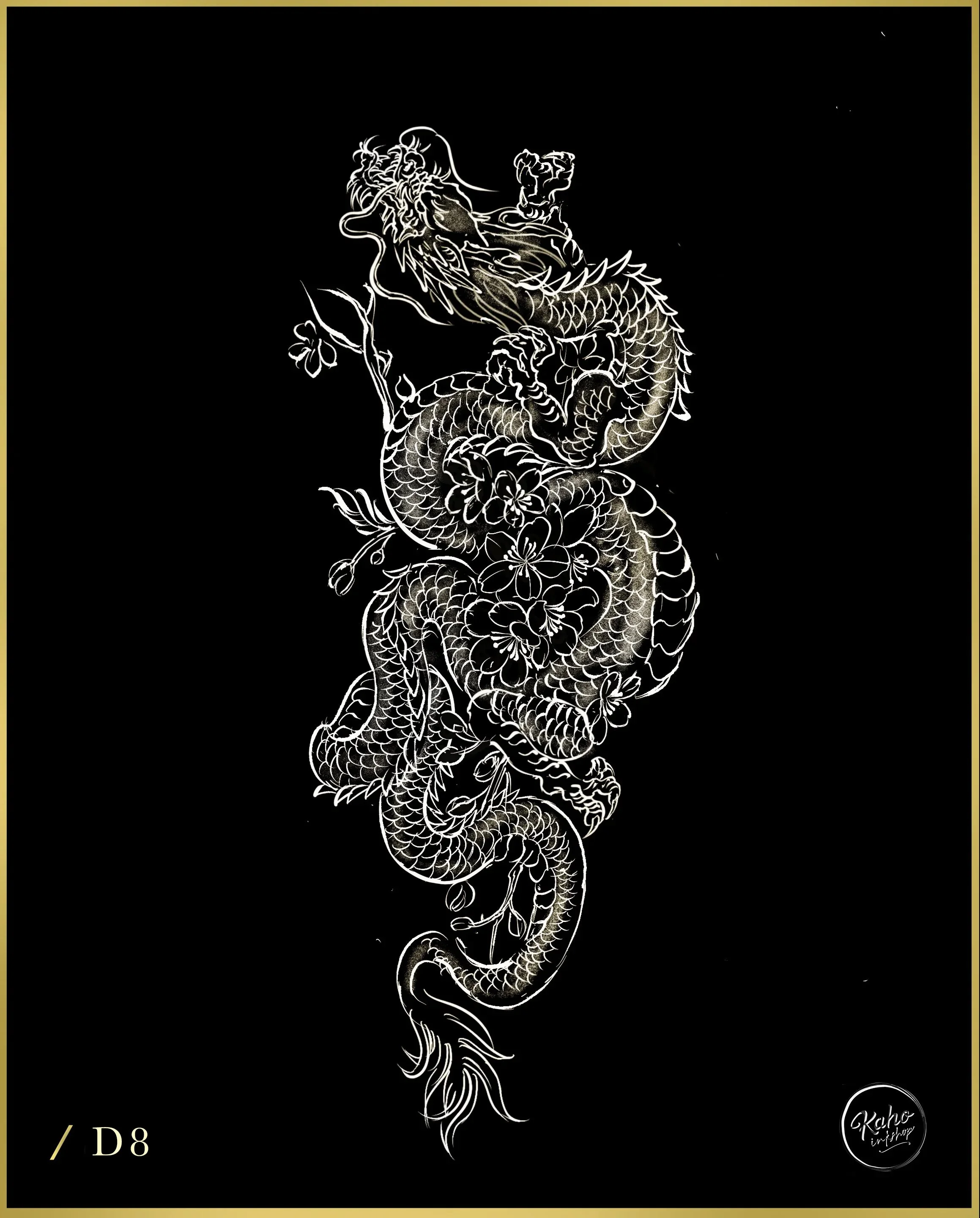 Fineline Asian  style dragon tattoo with lotus flowers crafted and designed by bored ink club los angeles
