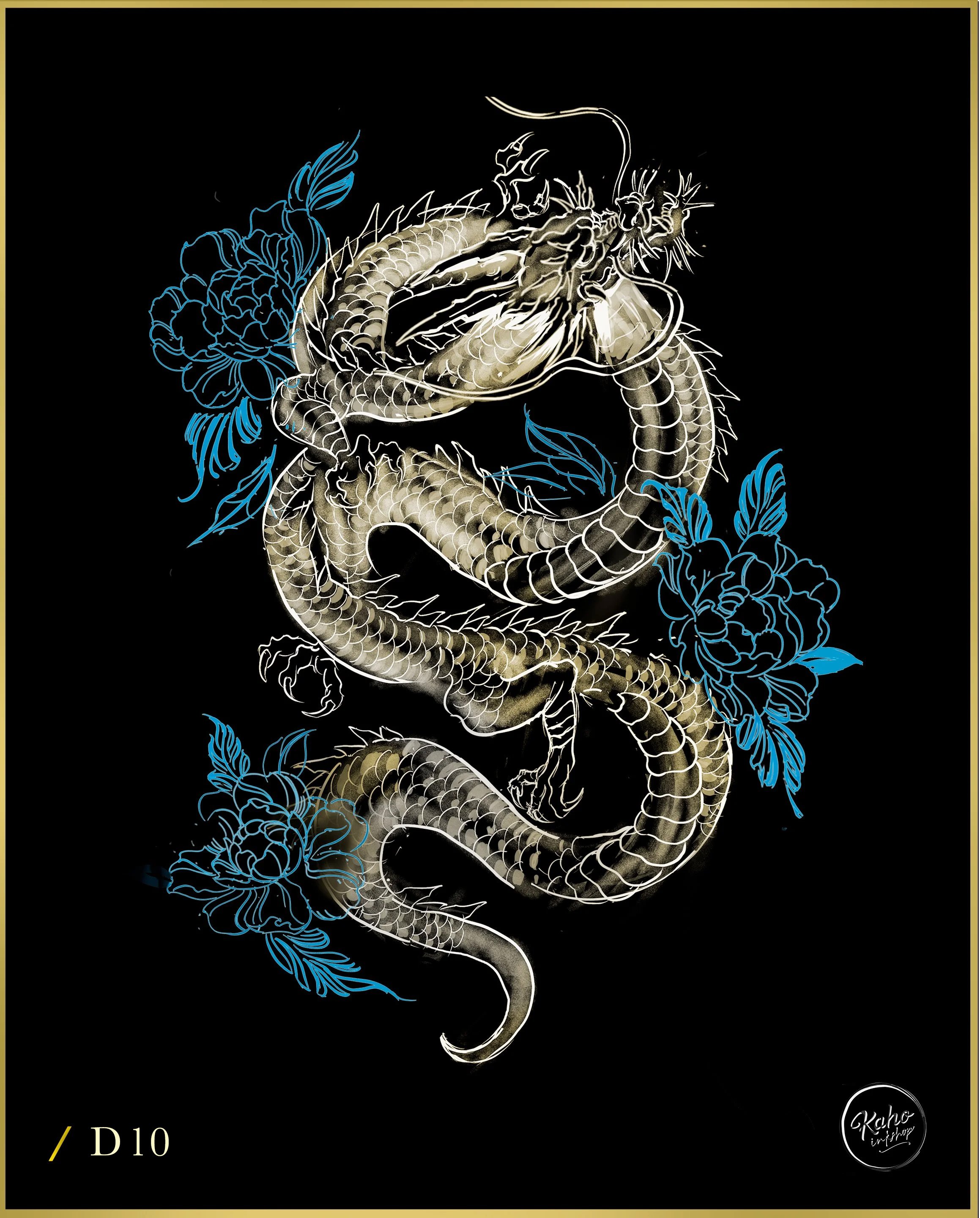 Powerful Asian  style dragon tattoo with blue peonies flowers crafted and designed by bored ink club los angeles