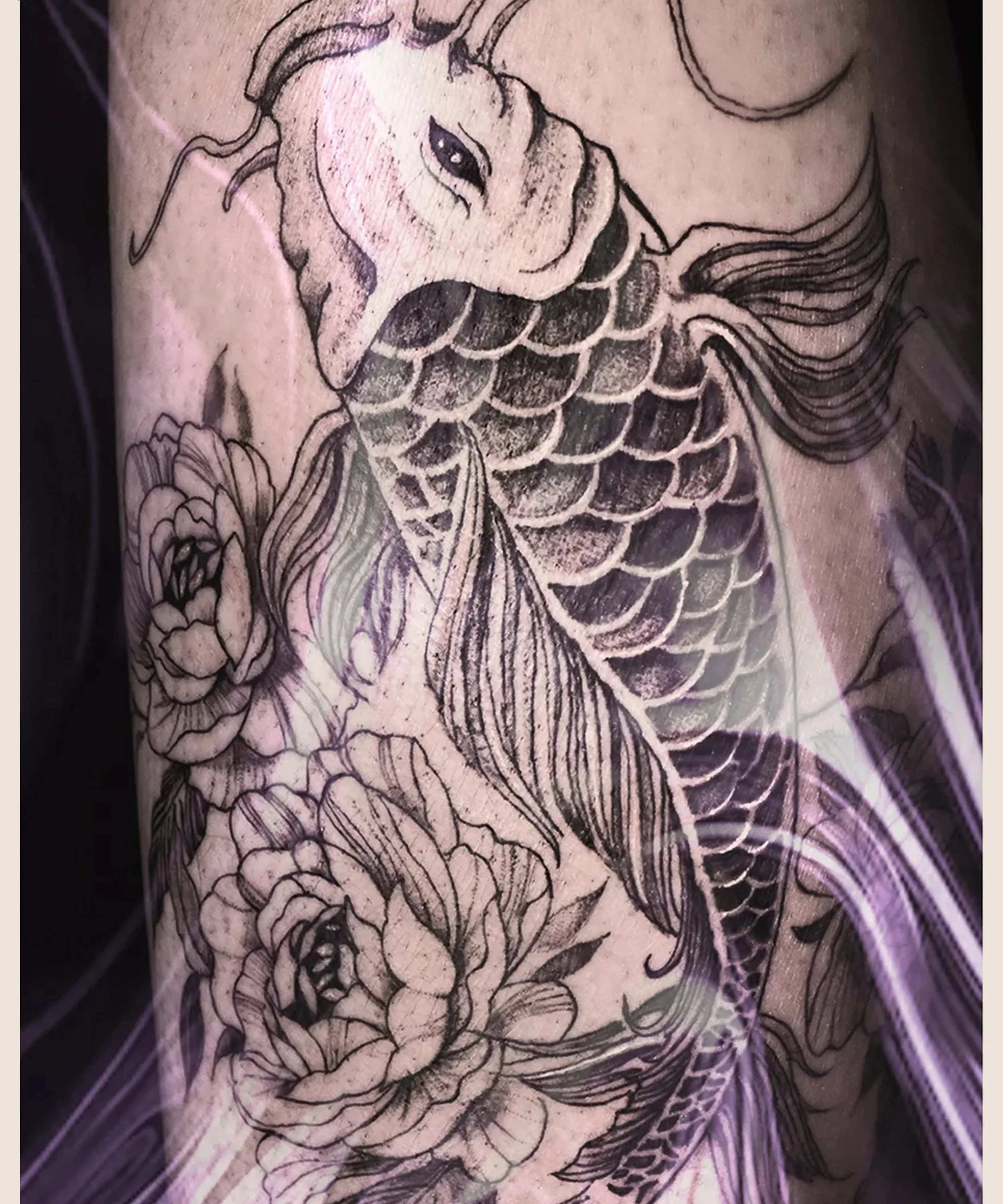 Asian Koi with peonies setup, asian traditional r tattoo  crafted and designed by Bored ink club, based in Los Angeles