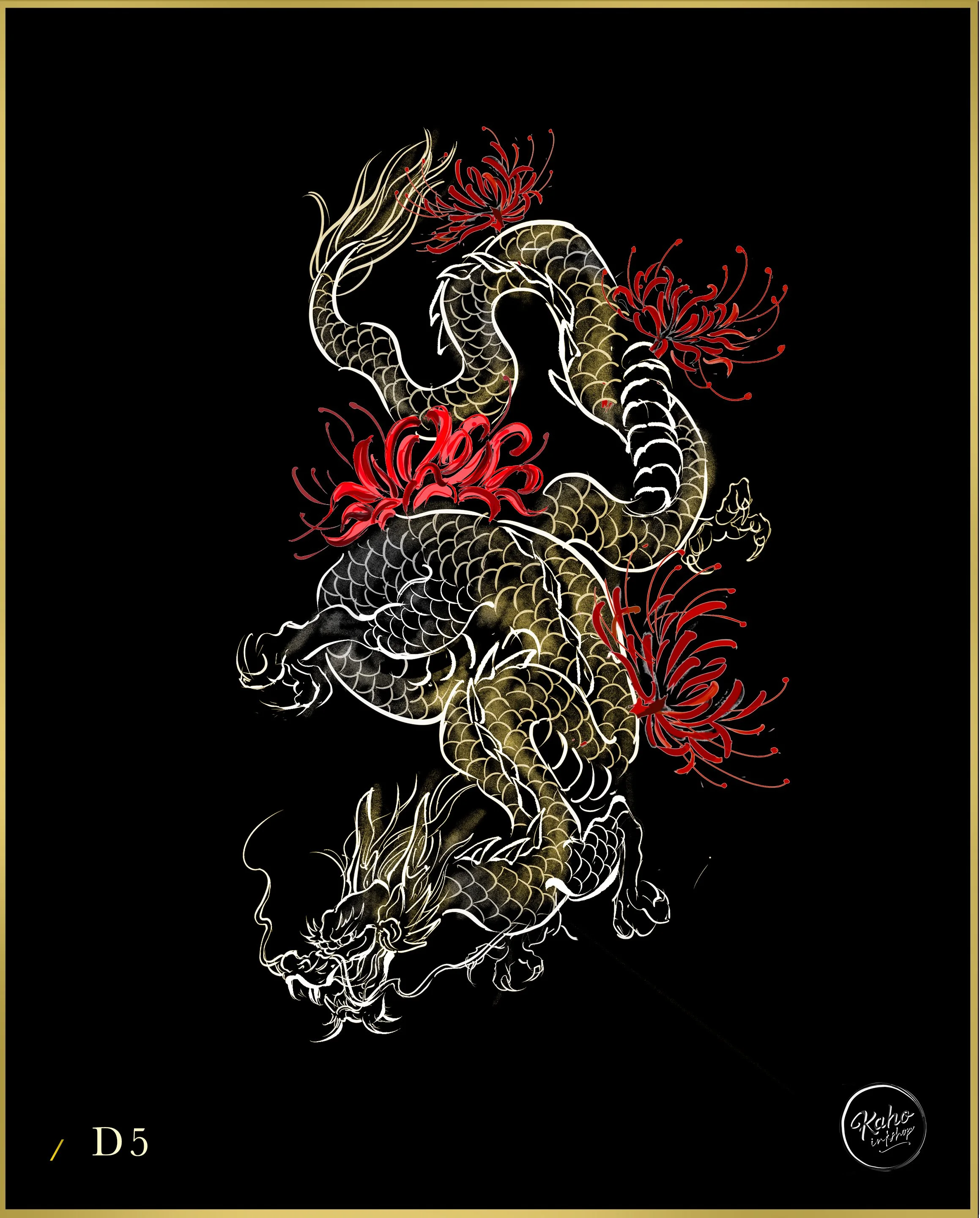 Fineline Asian  style dragon tattoo with spider lilies  flowers crafted and designed by bored ink club los angeles