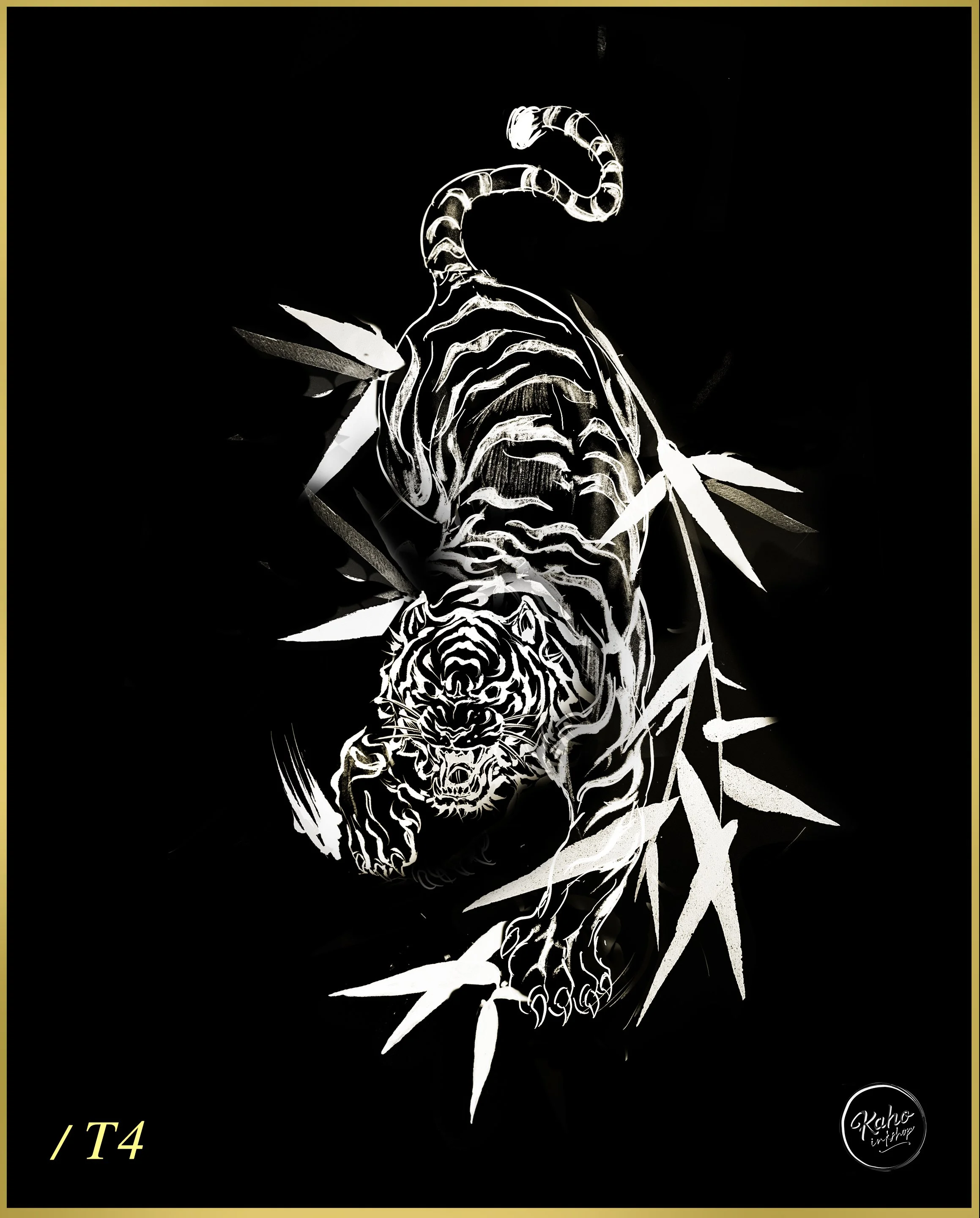 Asian-style tiger tattoo design with bold lines and flowing movement created, brushstroke and floral at Bored Ink Club Los Angeles.  San Francisco, New York