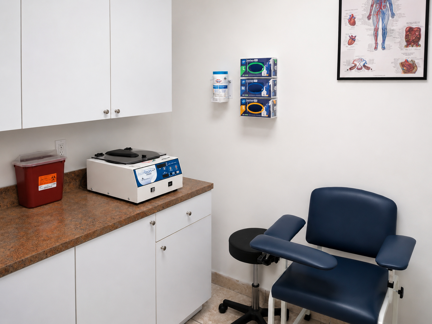 Medical examination room with a blue exam chair, a small black stool, a countertop with medical supplies, a sterilizer, cabinet, and a chart of the human body on the wall.