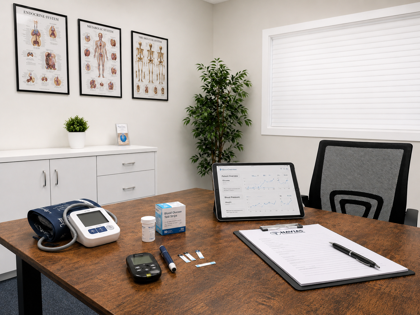 Medical office with a wooden table holding a blood pressure monitor, blood glucose test strips, a vial of test solution, and a digital timer. There is a tablet displaying health data, a clipboard with a pen, and a chair. The wall is decorated with three educational posters of the endocrine, metabolic, and skeletal systems, and there is a potted plant below the posters and a window with closed blinds.