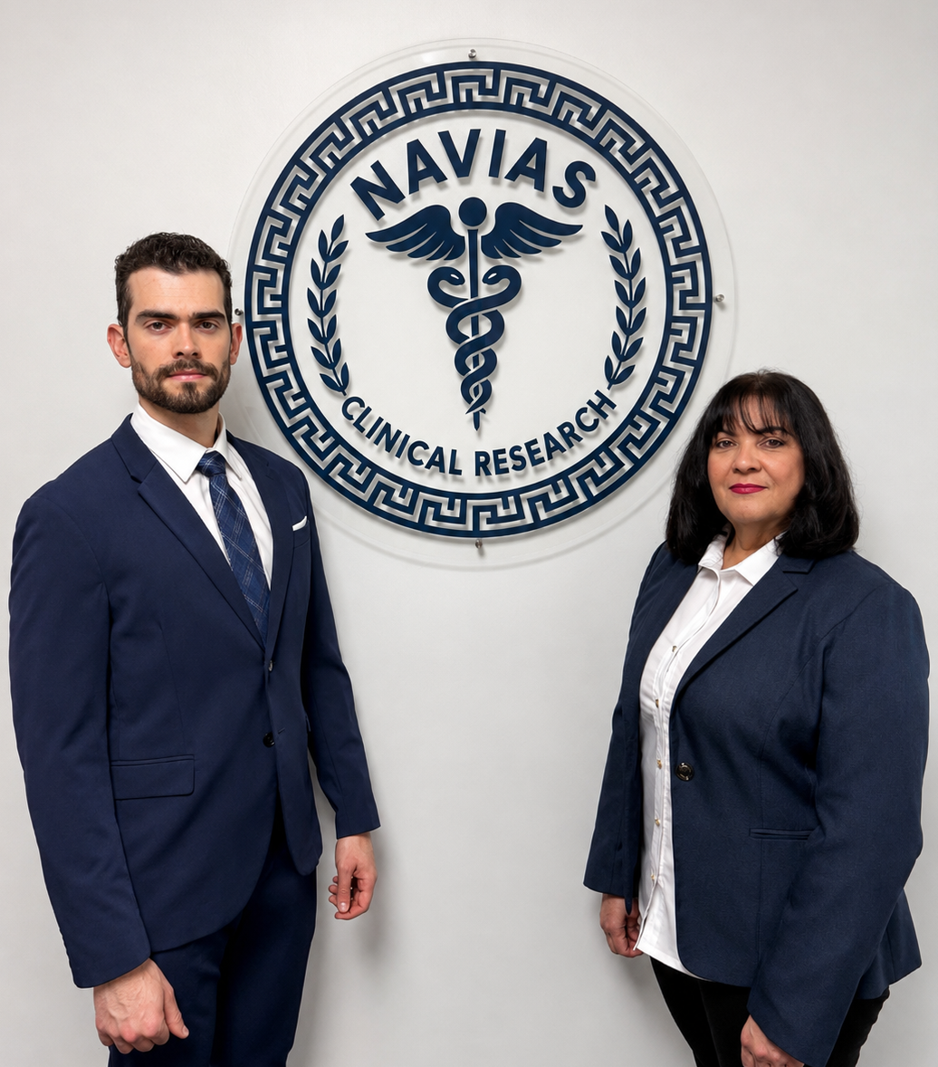 Two professionals, a man and a woman, standing in front of a sign that reads "NAVIAS CLINICAL RESEARCH," featuring a caduceus symbol and laurel wreaths.