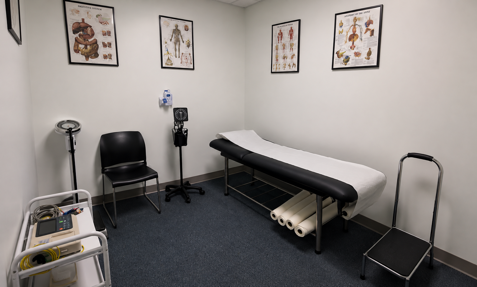 Empty medical examination room with a medical bed covered with white paper, framed anatomical charts on the wall, a chair, medical equipment, and a luggage cart.