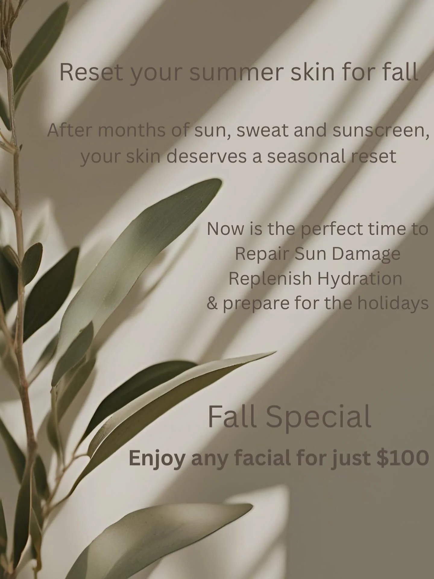 Summer was fun&hellip; but our skin needs a little TLC after all that sun, sweat + sunscreen ☀️

Fall is the perfect time to hit reset &mdash; repair sun damage, boost hydration, and get your glow back just in time for the holidays!

✨Fall Special: A
