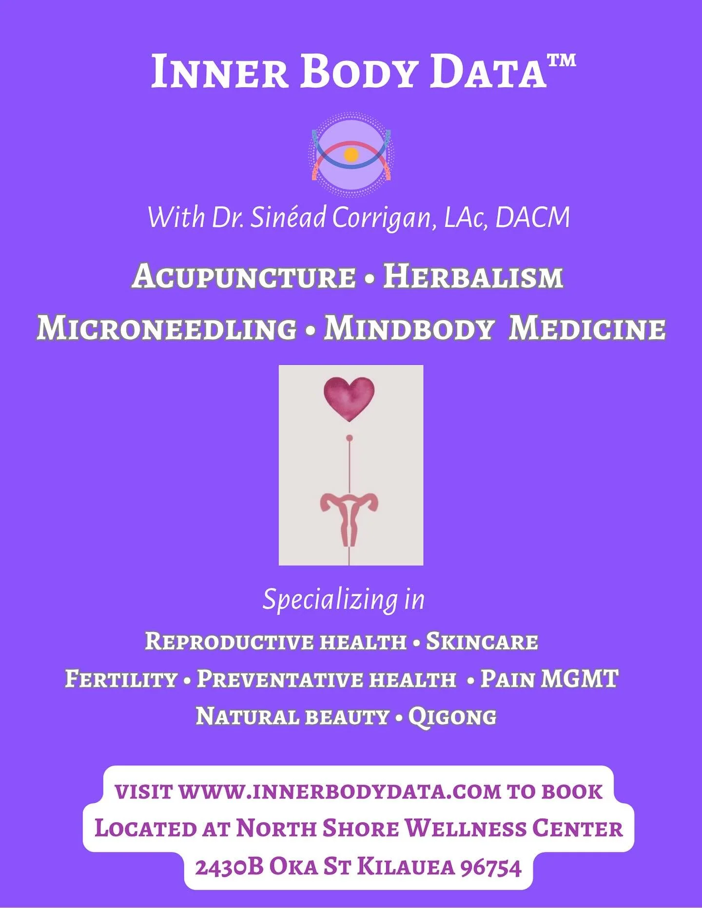 ✨ Exciting News! ✨
For the next few months, my space will be home to the incredible Dr. Sin&eacute;ad Corrigan, LAc, DACM, founder of Inner Body Data&trade; 💜
Her books are officially opening for January, and you can now pre-book your sessions!

She