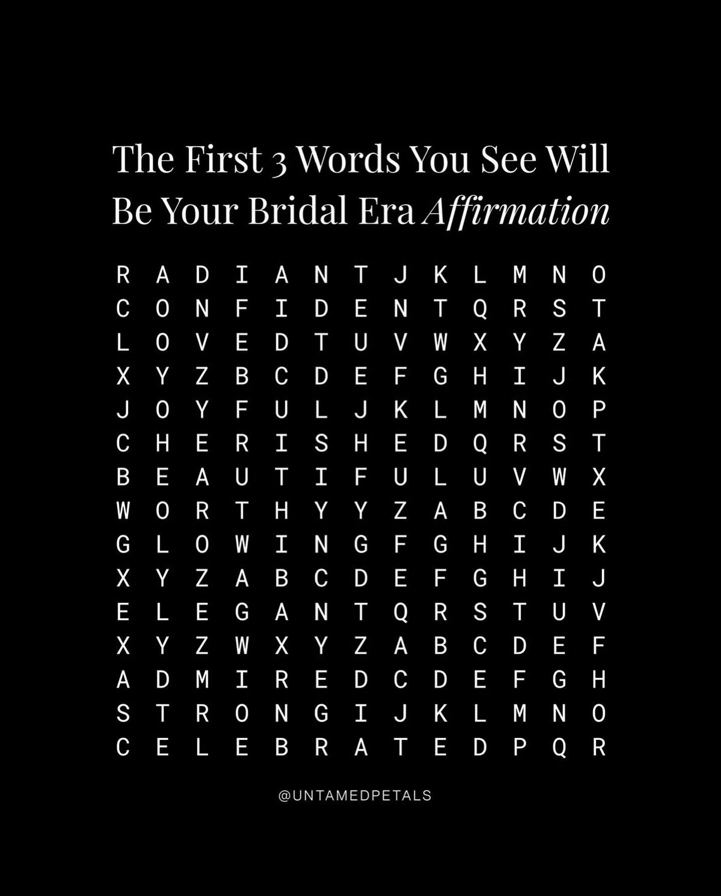 What 3 words did you get? 💭 Write them down + save this post (or share with another bride-to-be!) 💍&thinsp;
&thinsp;
📱 From our friends @untamedpetals 
&thinsp;&thinsp;
#blushbridalcouture #2026bride #2025wedding #bridalstore #alineweddingdress #c