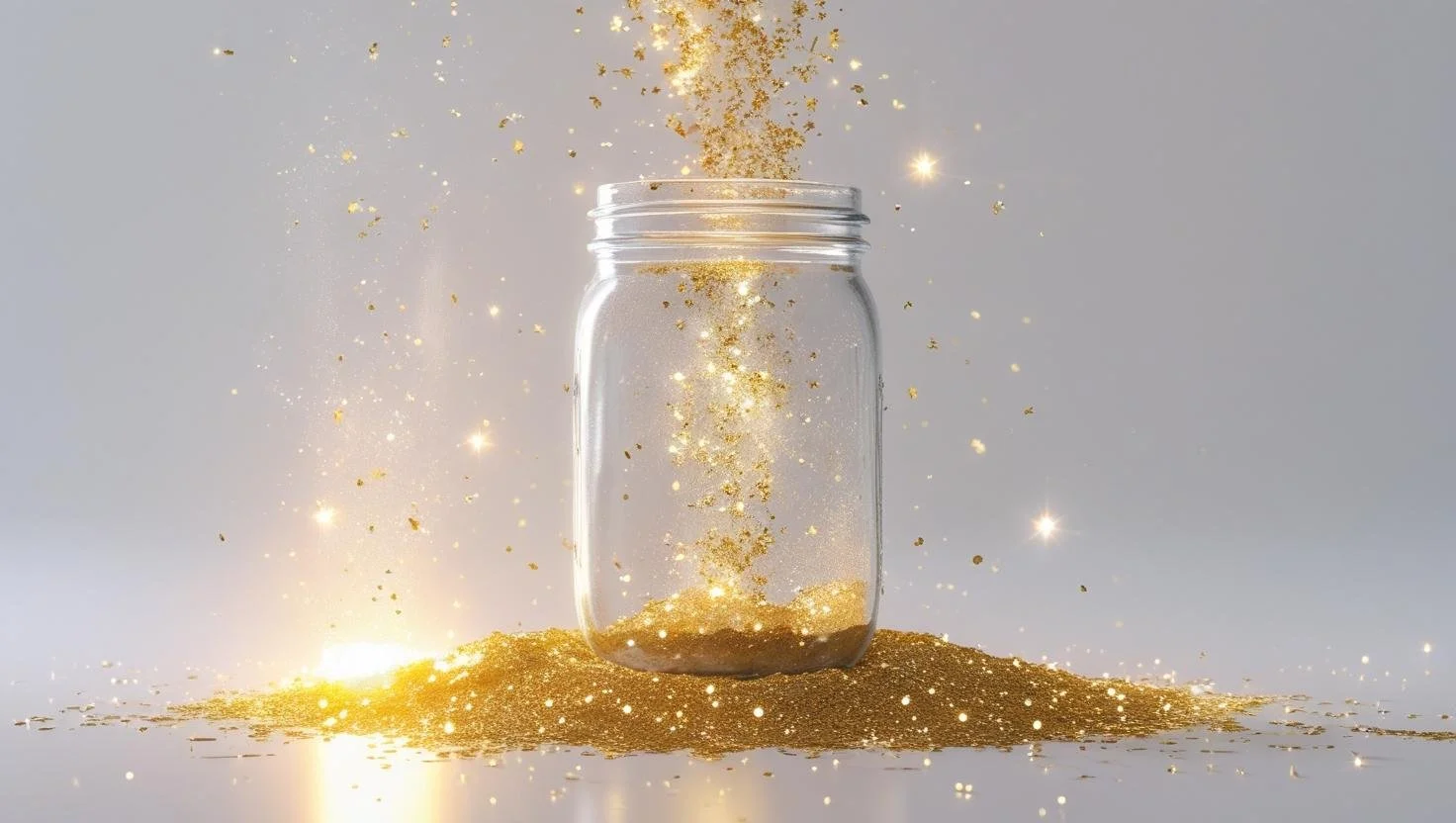 a mason jar of pixie dust against a clean white background and ground, pixie dust is falling into the jar, a bright light is shining through in the background.jpg