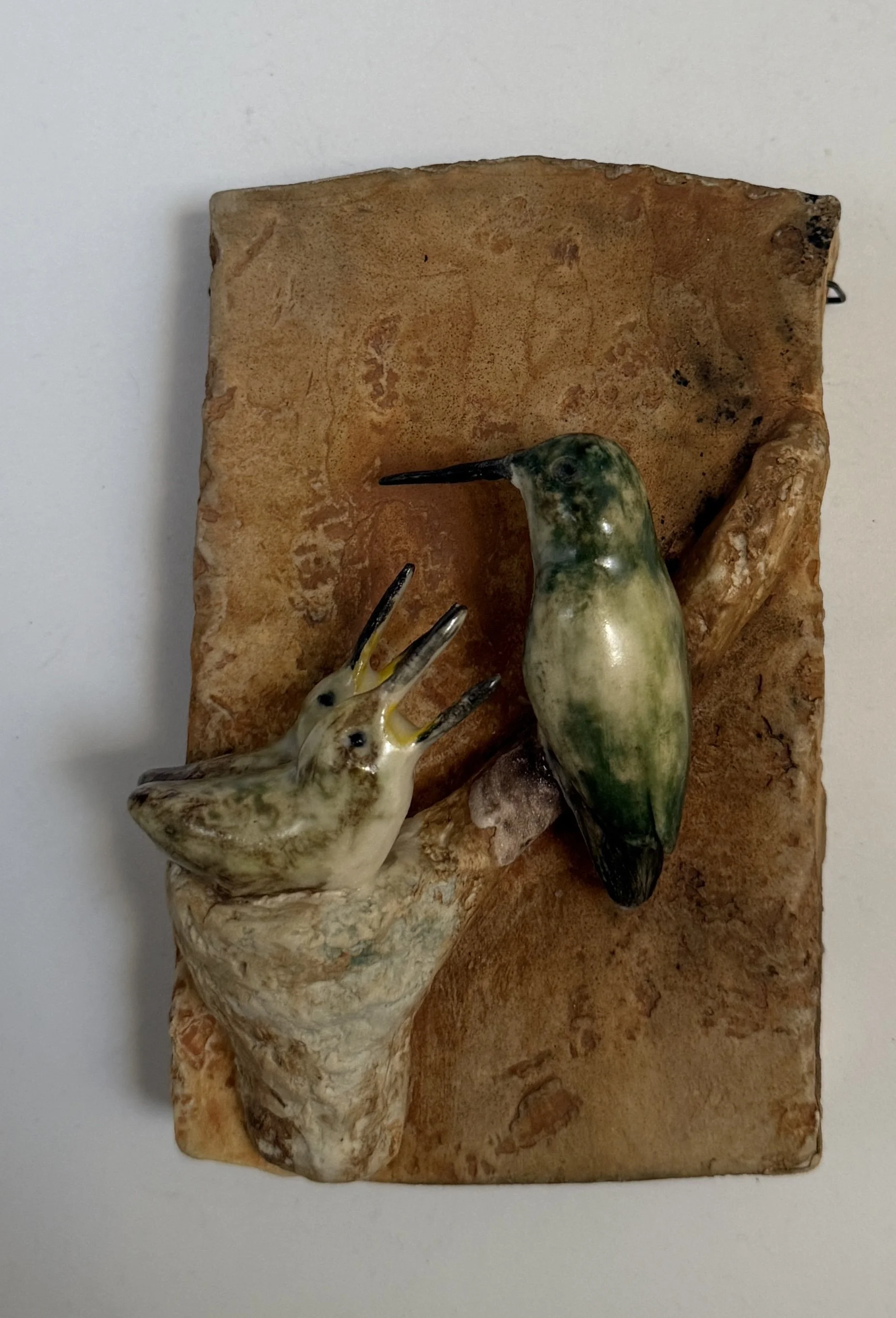 Ruby-throated hummingbird with chicks on wall plaque