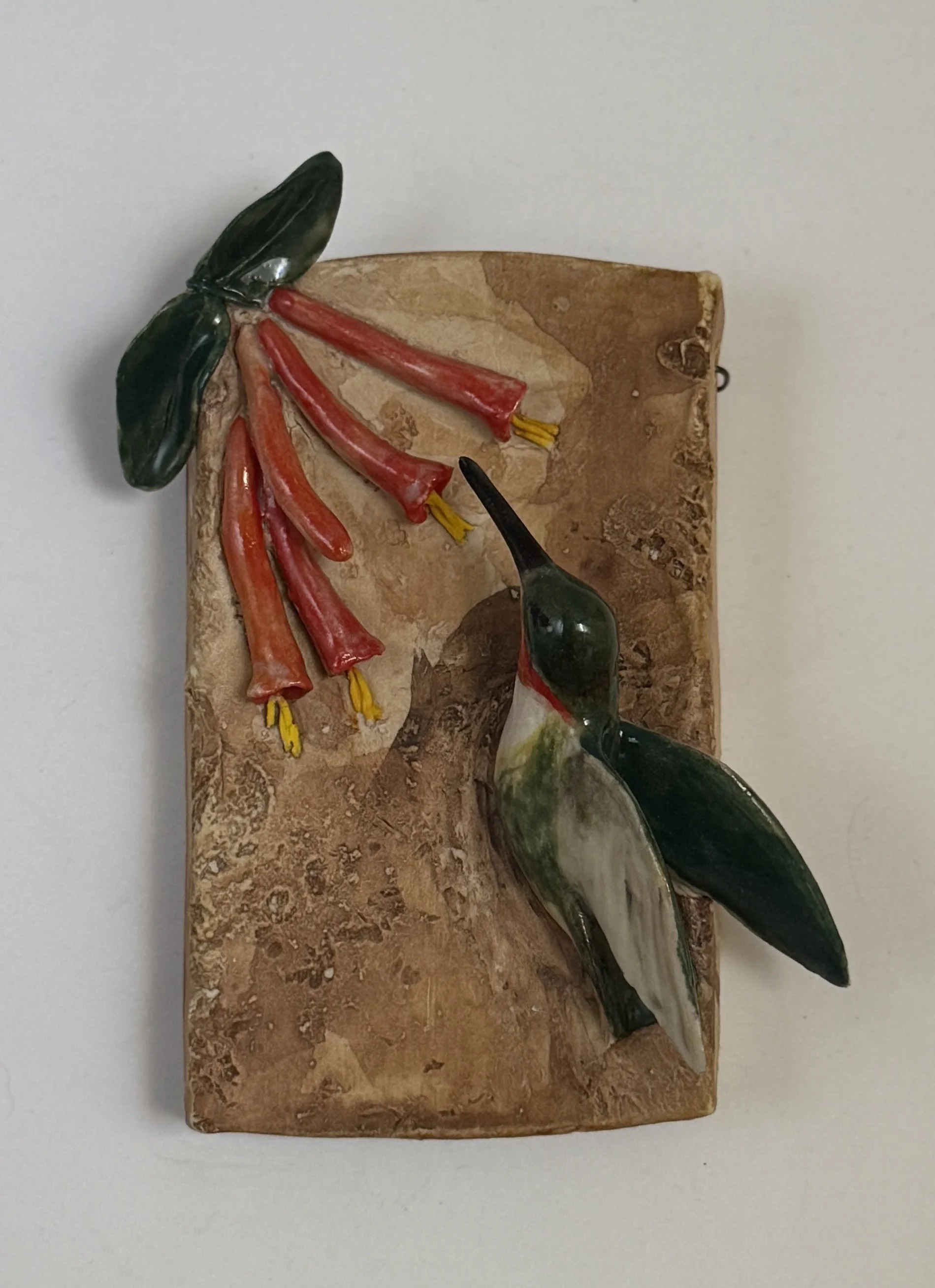 Ruby-throated Hummingbird with Honeysuckle on wall plaque