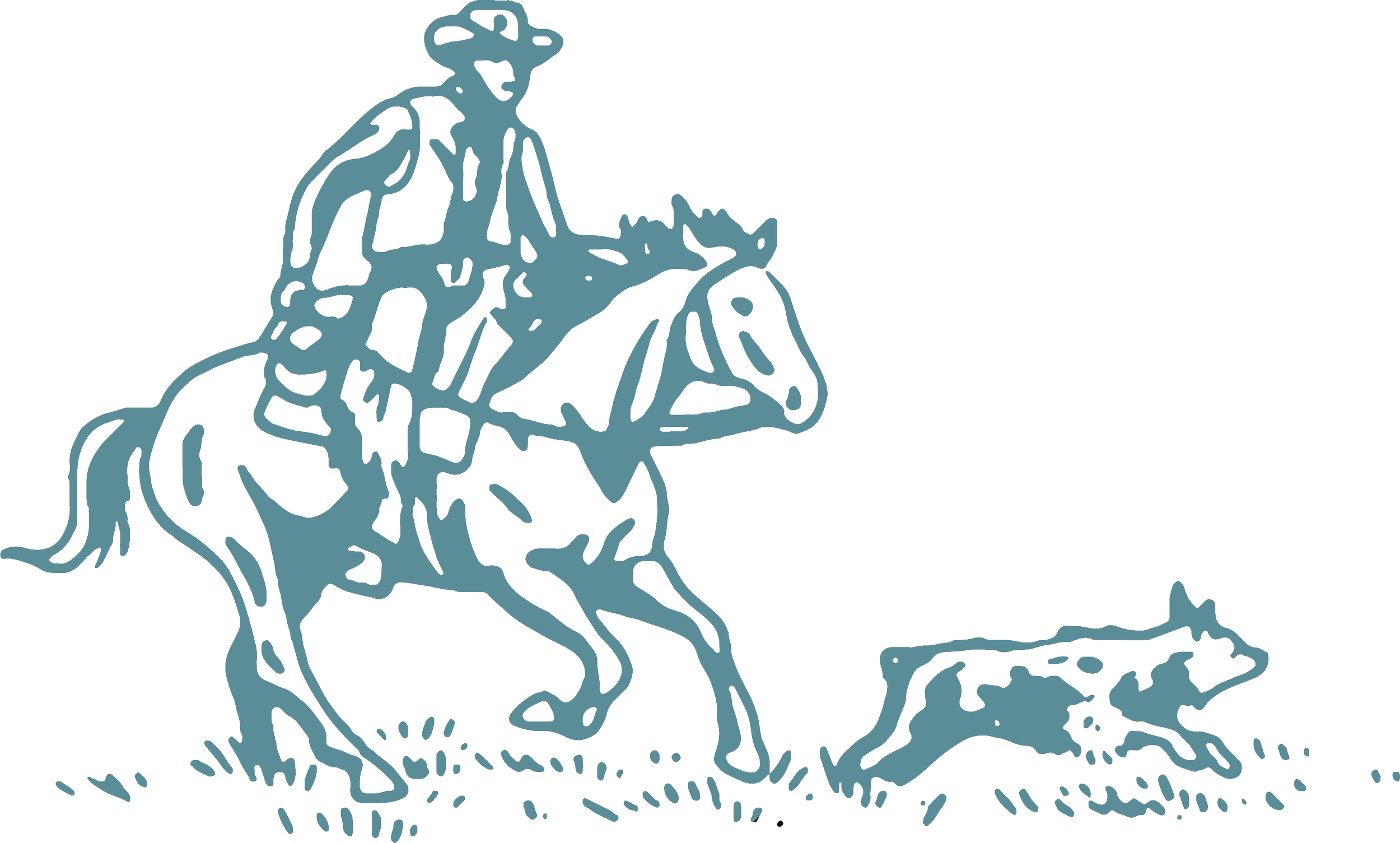 Line drawing of a cowboy on horseback chasing a dog in dusty terrain.commercial industrial scientific refrigeration repair chiller lyophilizer freezer