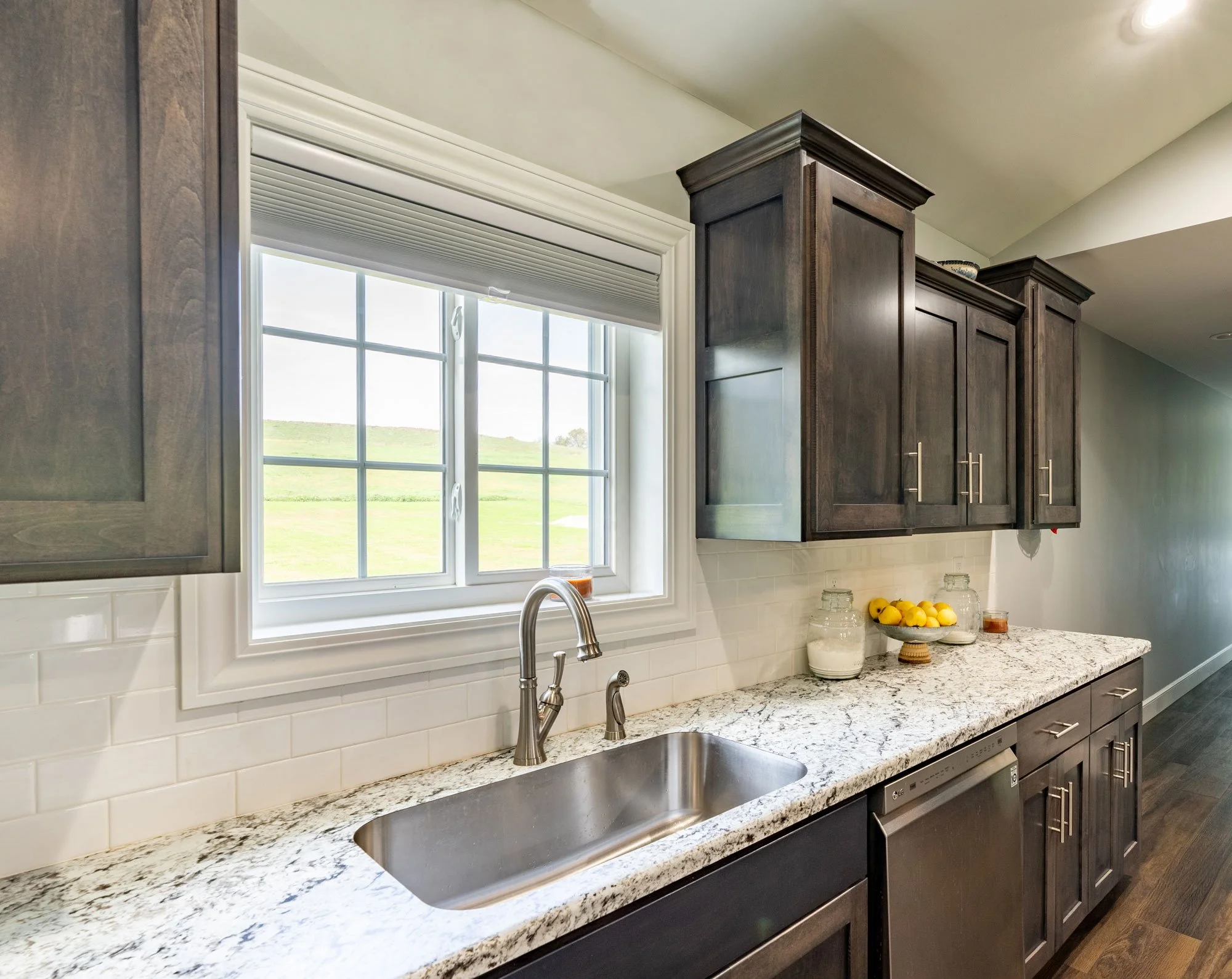 Kitchen with granite countertop, dark wood cabinets, a window overlooking green fields, a stainless steel sink, lemons in a bowl, glass jars, and a dishwasher.