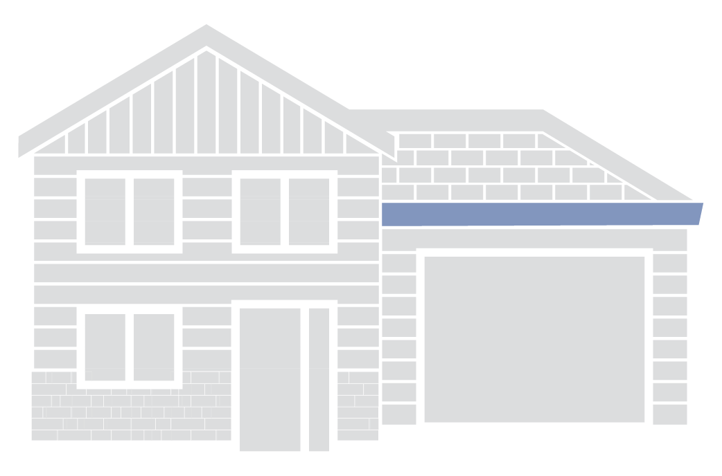 Line drawing of a two-story house with a garage, windows, and a front door.