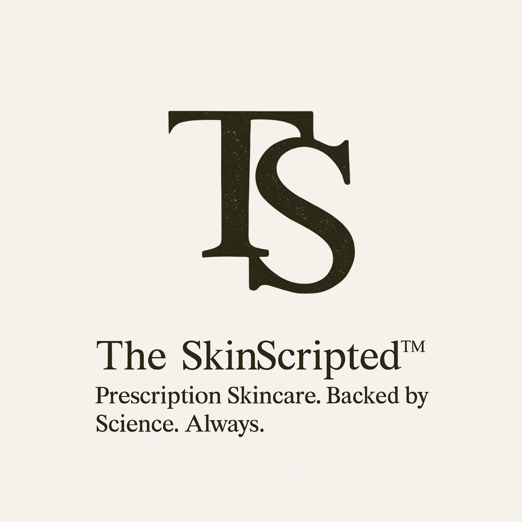 Logo for The SkinScribed, a skincare brand, featuring large initials 'T' and 'S' and the tagline 'Prescription Skincare. Backed by Science. Always.'