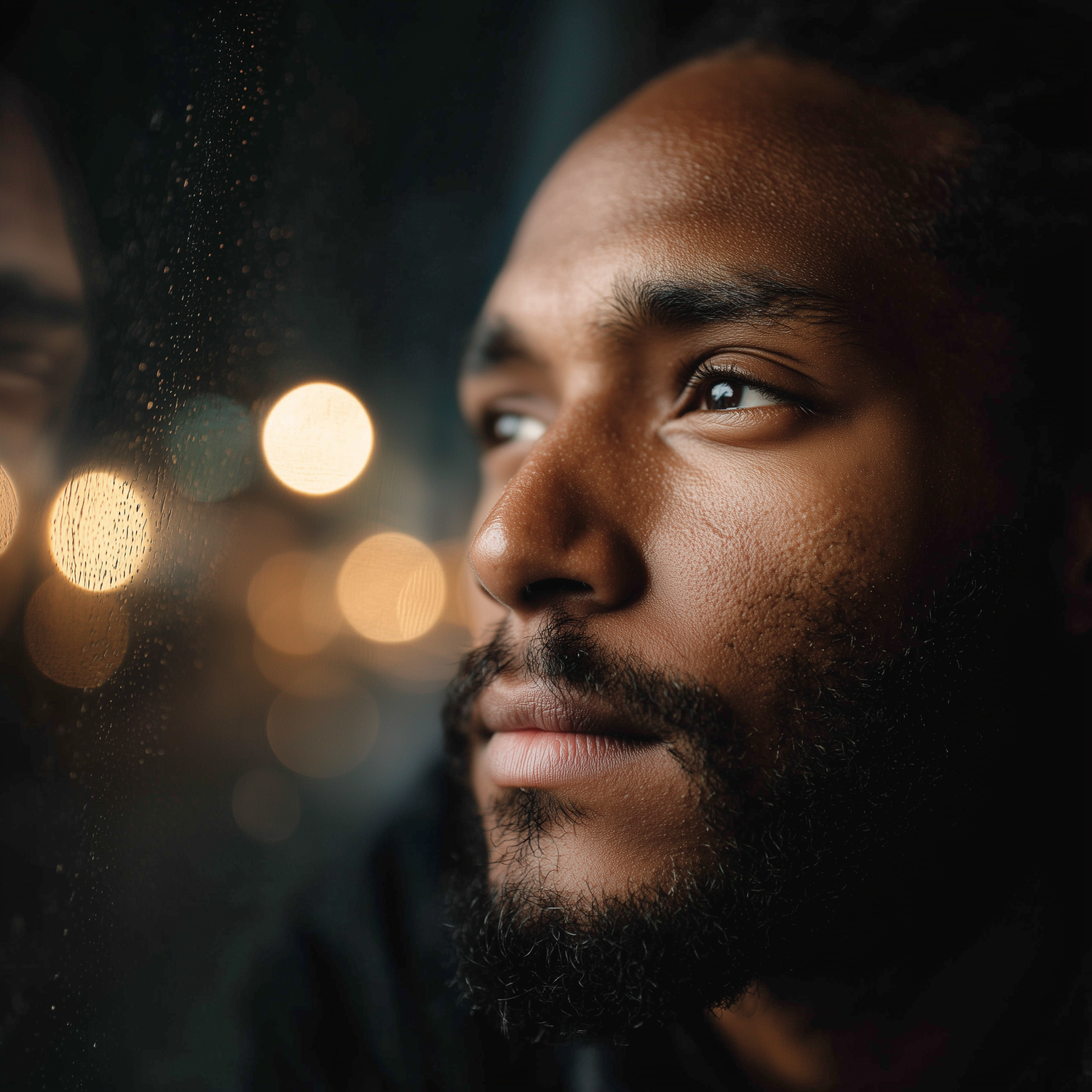 A reflective man looking out a rainy window