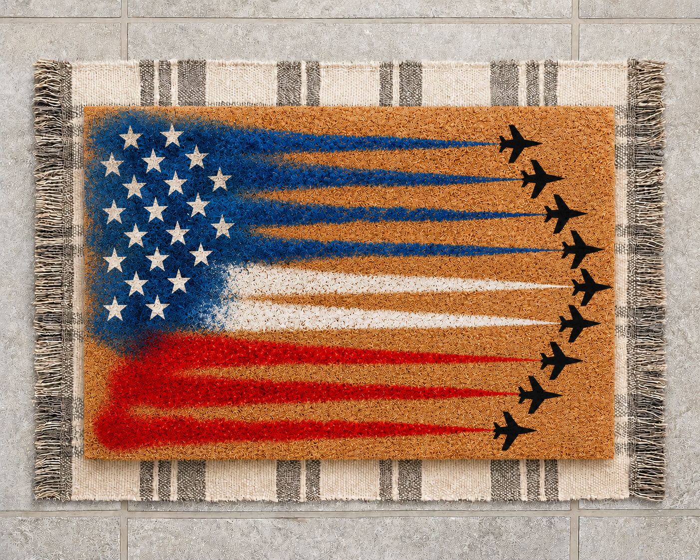 red, white, and blue jets doormat