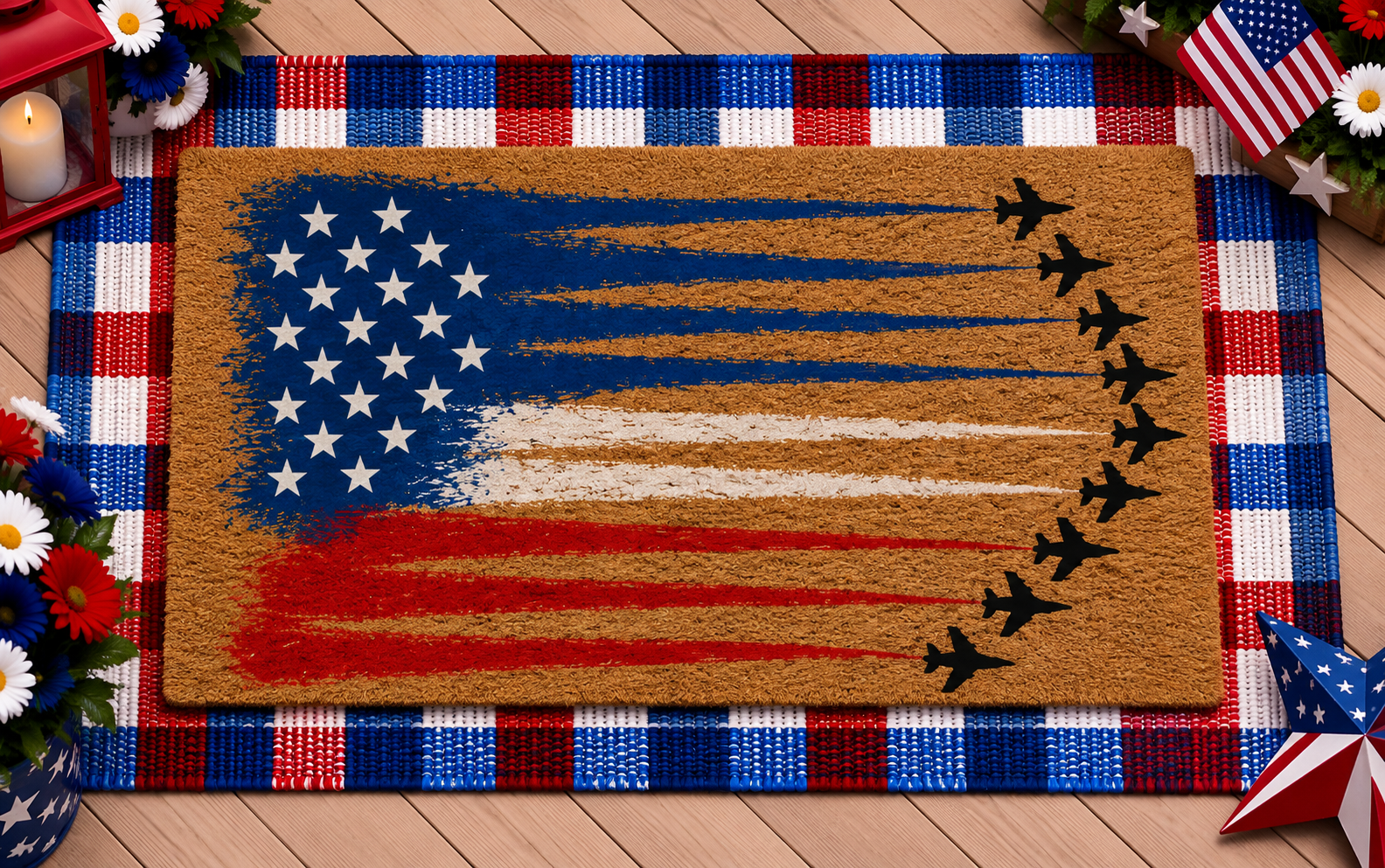 red, white, and blue jets doormat