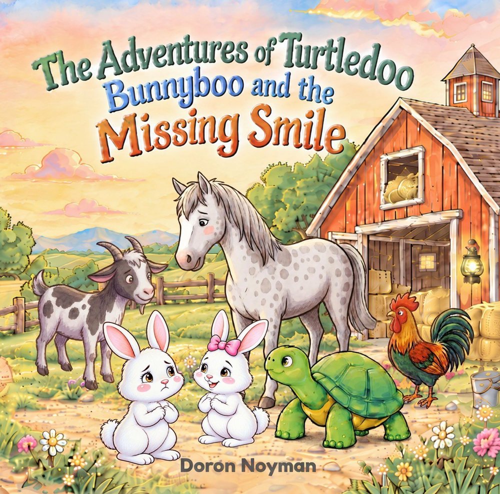The Adventures of Turtledoo: Bunnyboo and the Missing Smile, picture book cover with farm animals