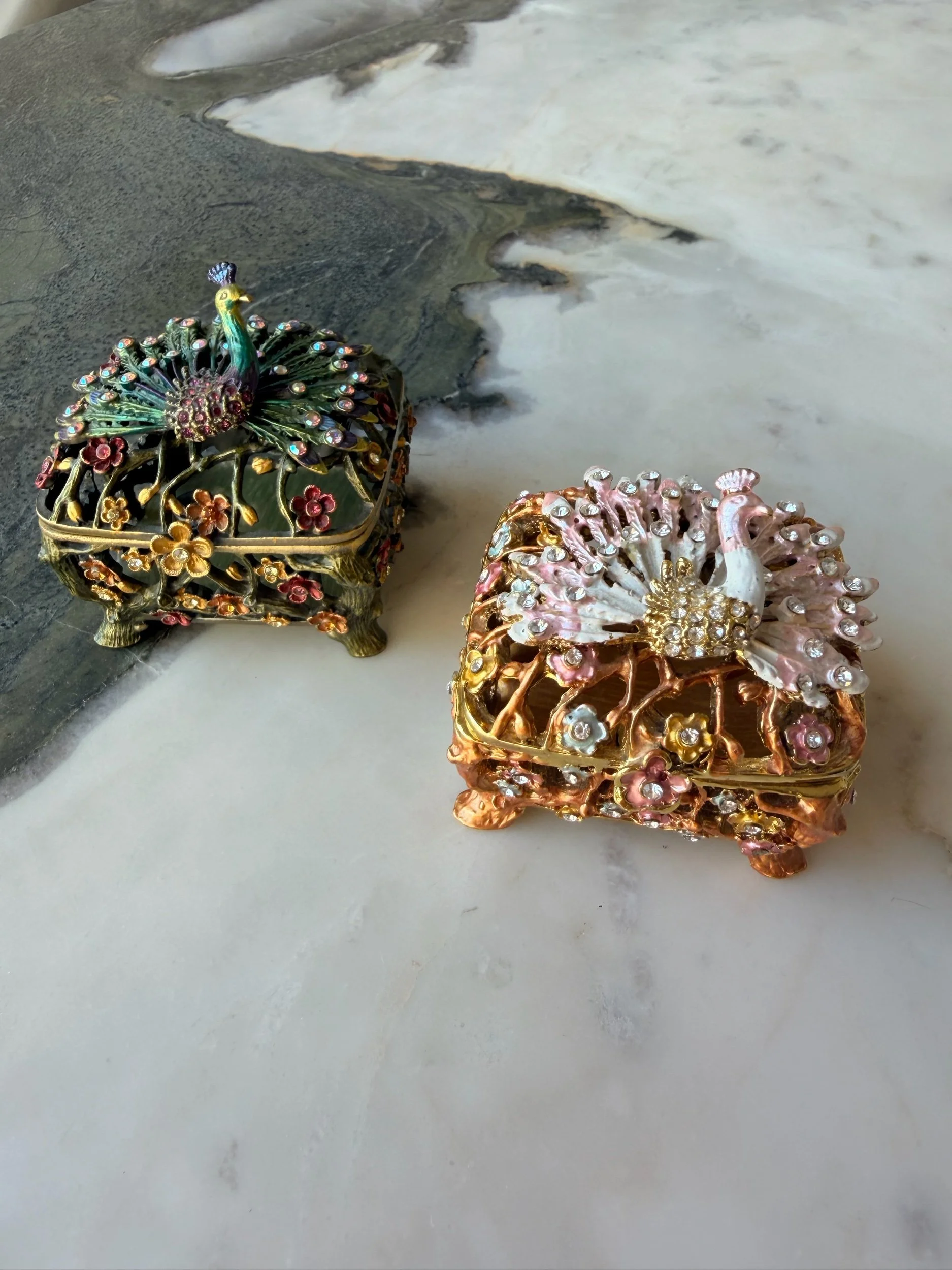 Vintage Peacock Treasure Box with Gemstone Dice