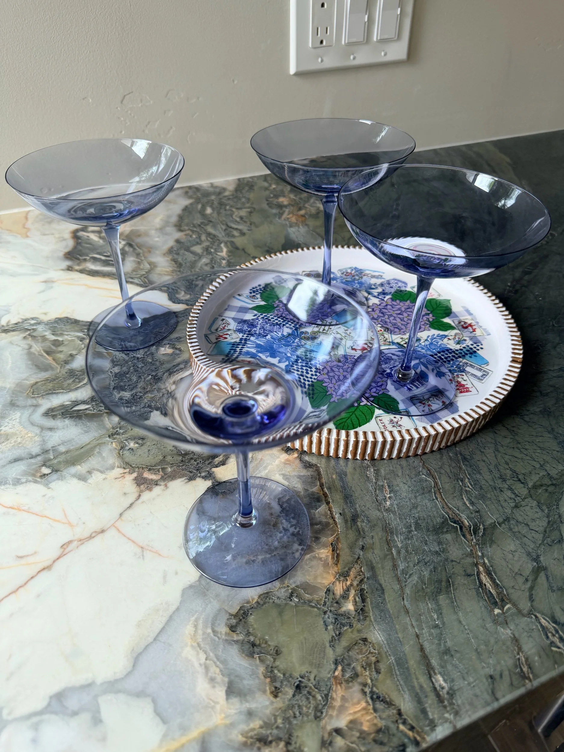 Vintage Periwinkle Champagne Coupes — Set of 4