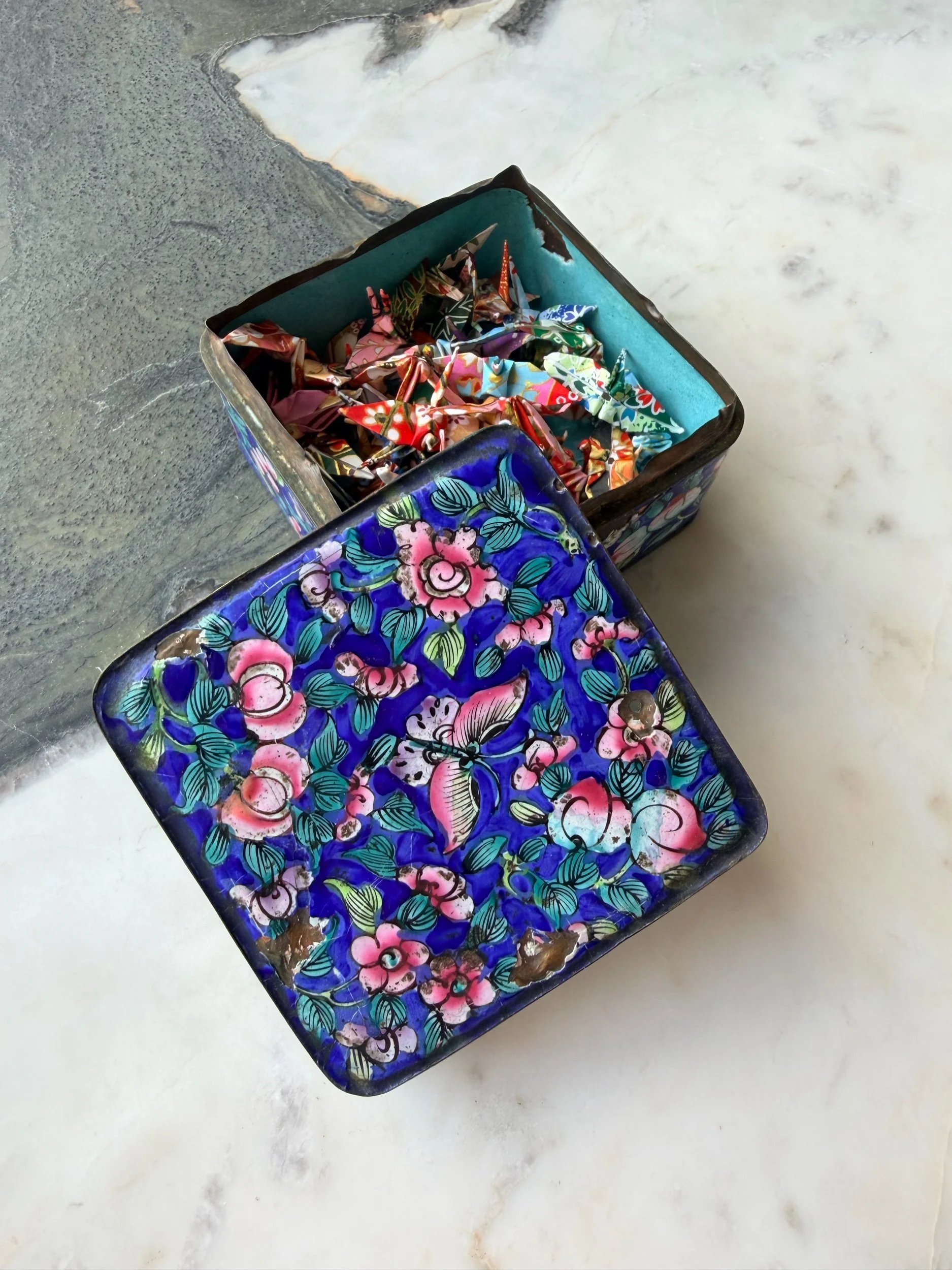 Vintage Cloisonné Butterfly Trinket Box | Cobalt Blue & Pink with Gemstone Dice