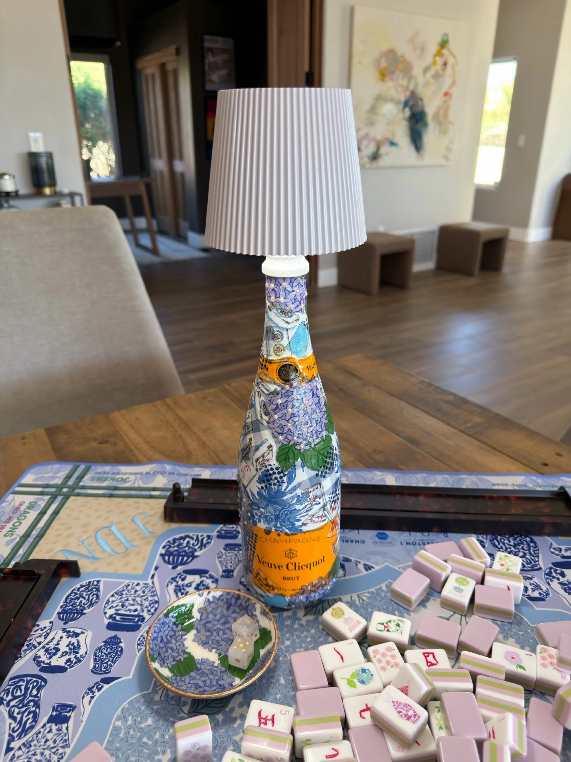 Hydrangeas & Mahj Jeweled Champagne Bottle Lamp