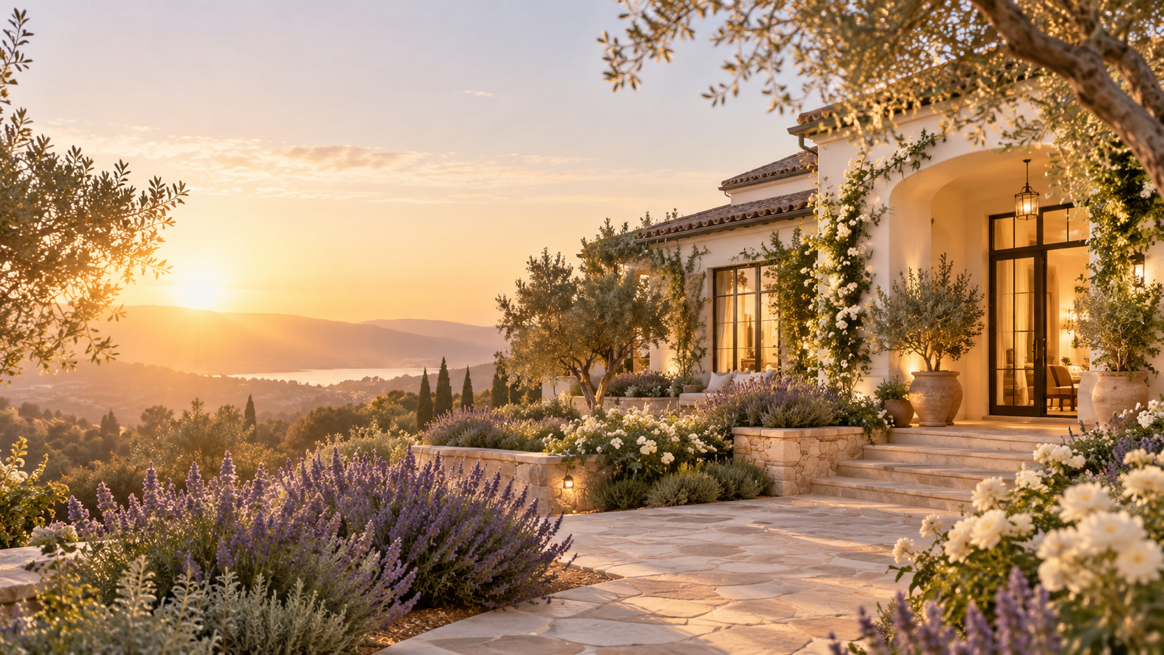 Mediterranean Villa Garden at Sunset