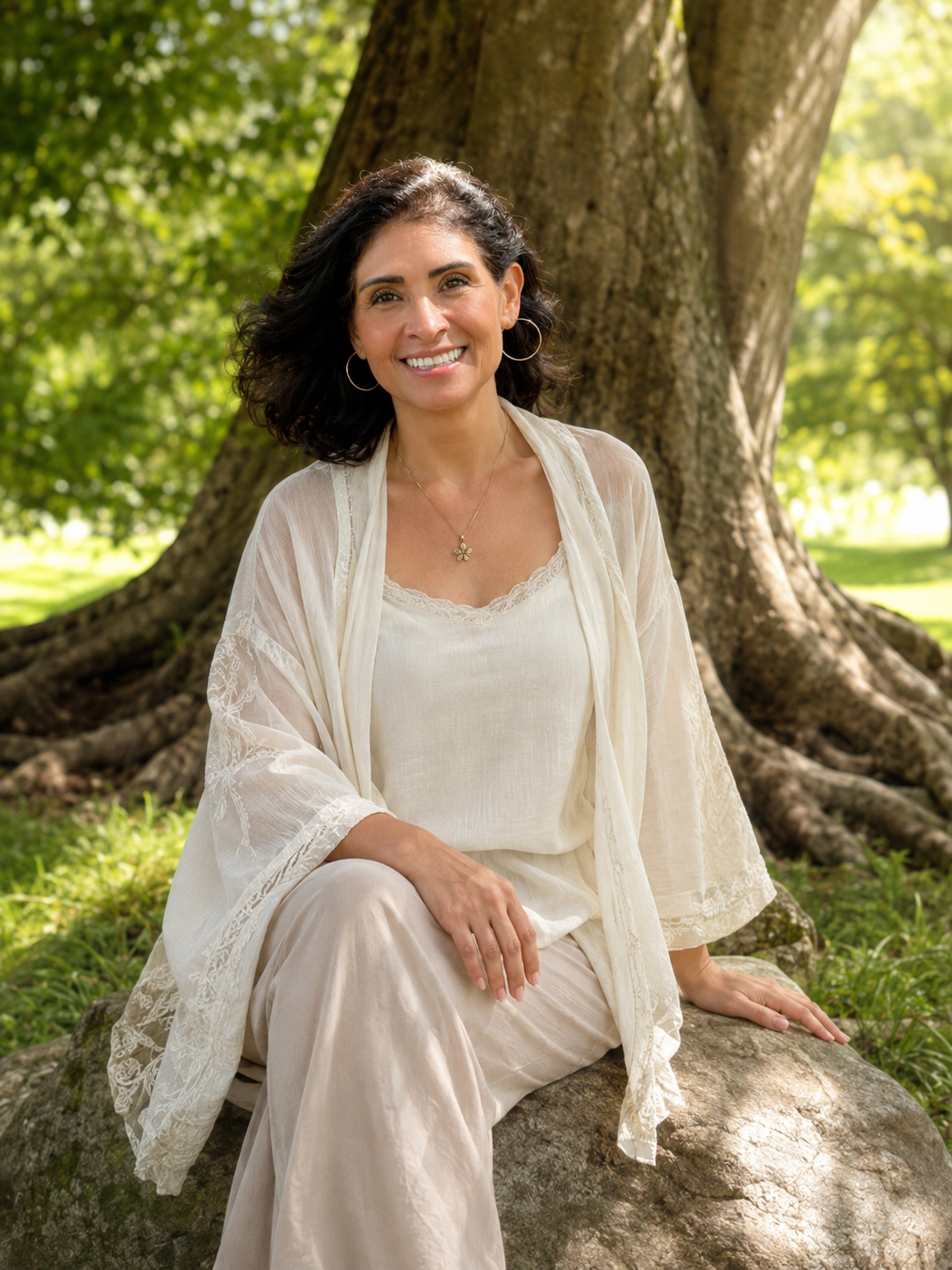 Maria Jimenez sitting on a boulder under a tree in El Cajon