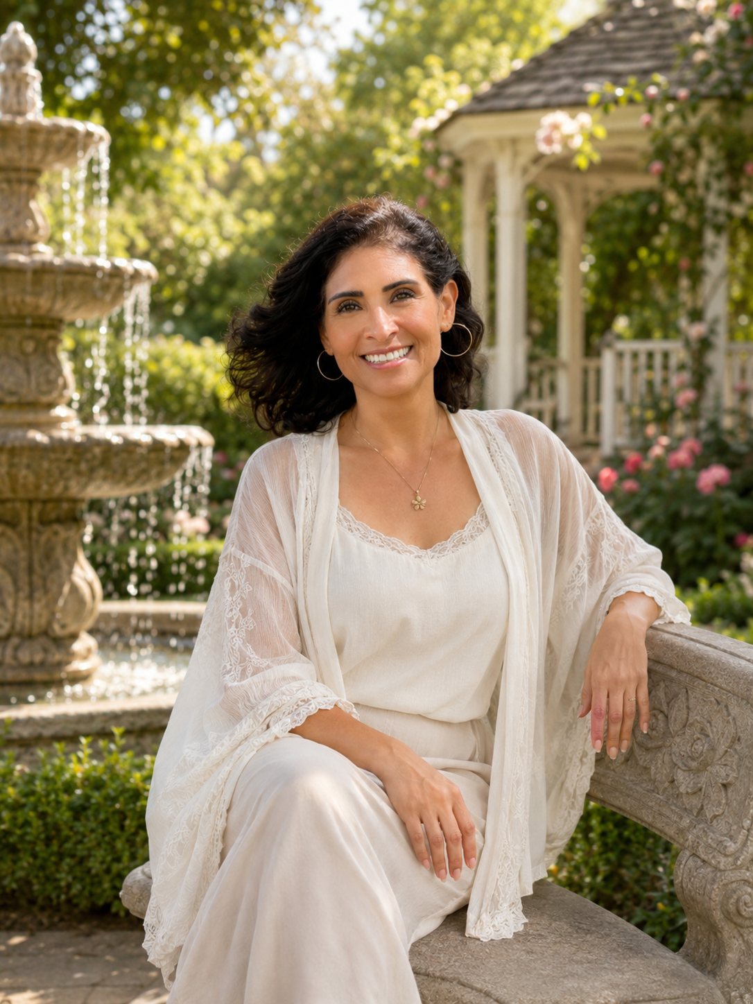 A woman in a cream-colored dress and lace cardigan sitting on a stone bench in a garden with a fountain and a gazebo, surrounded by greenery and pink flowers, smiling at the camera.