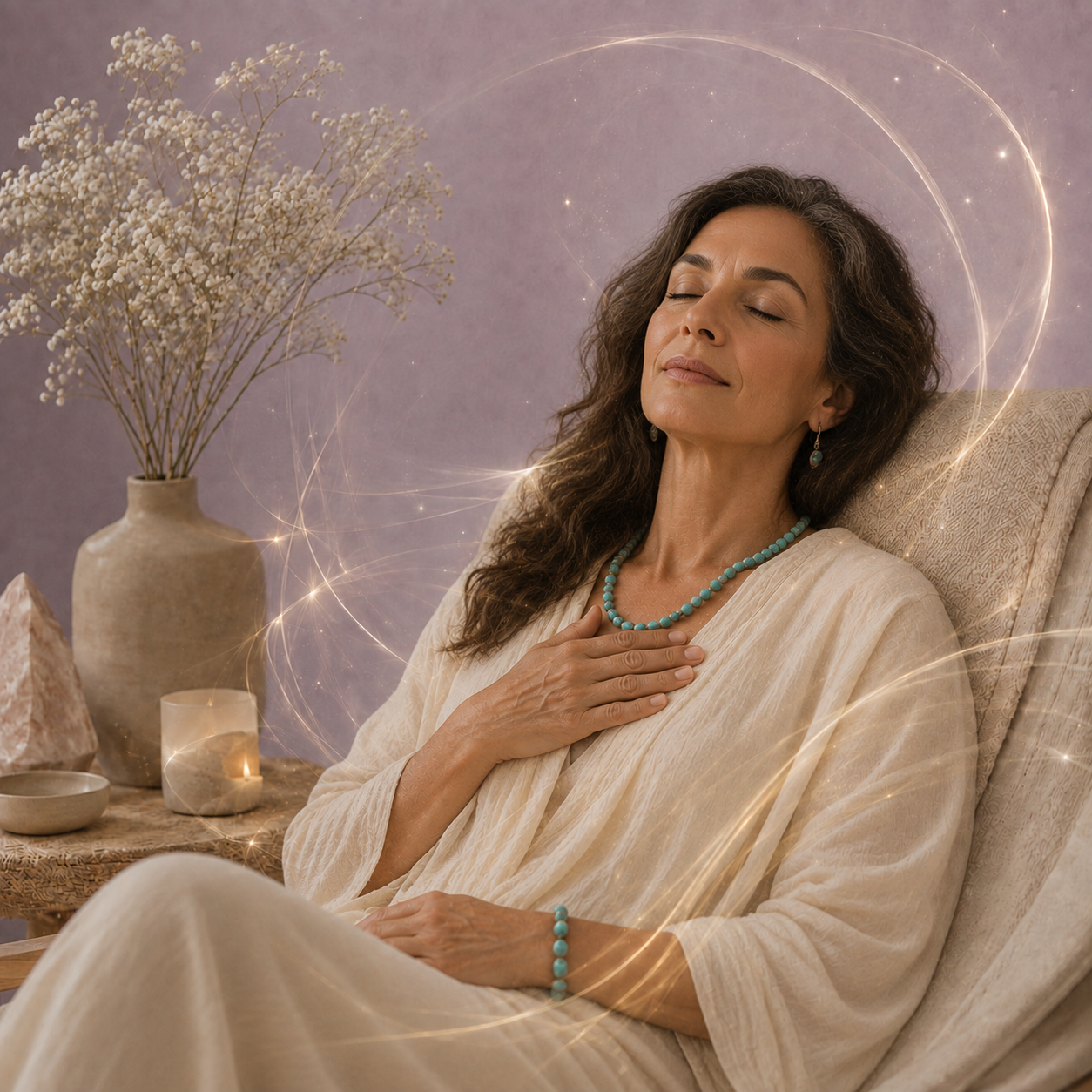 A serene woman with long, curly hair, wearing cream-colored clothing, turquoise jewelry, and earrings, sits with her eyes closed and hand on her chest in a cozy room. There's a vase with white flowers, a lit candle, a pink crystal, and bowls on a wooden table behind her, with a purple wall and swirling light effects in the background, creating a calming atmosphere.