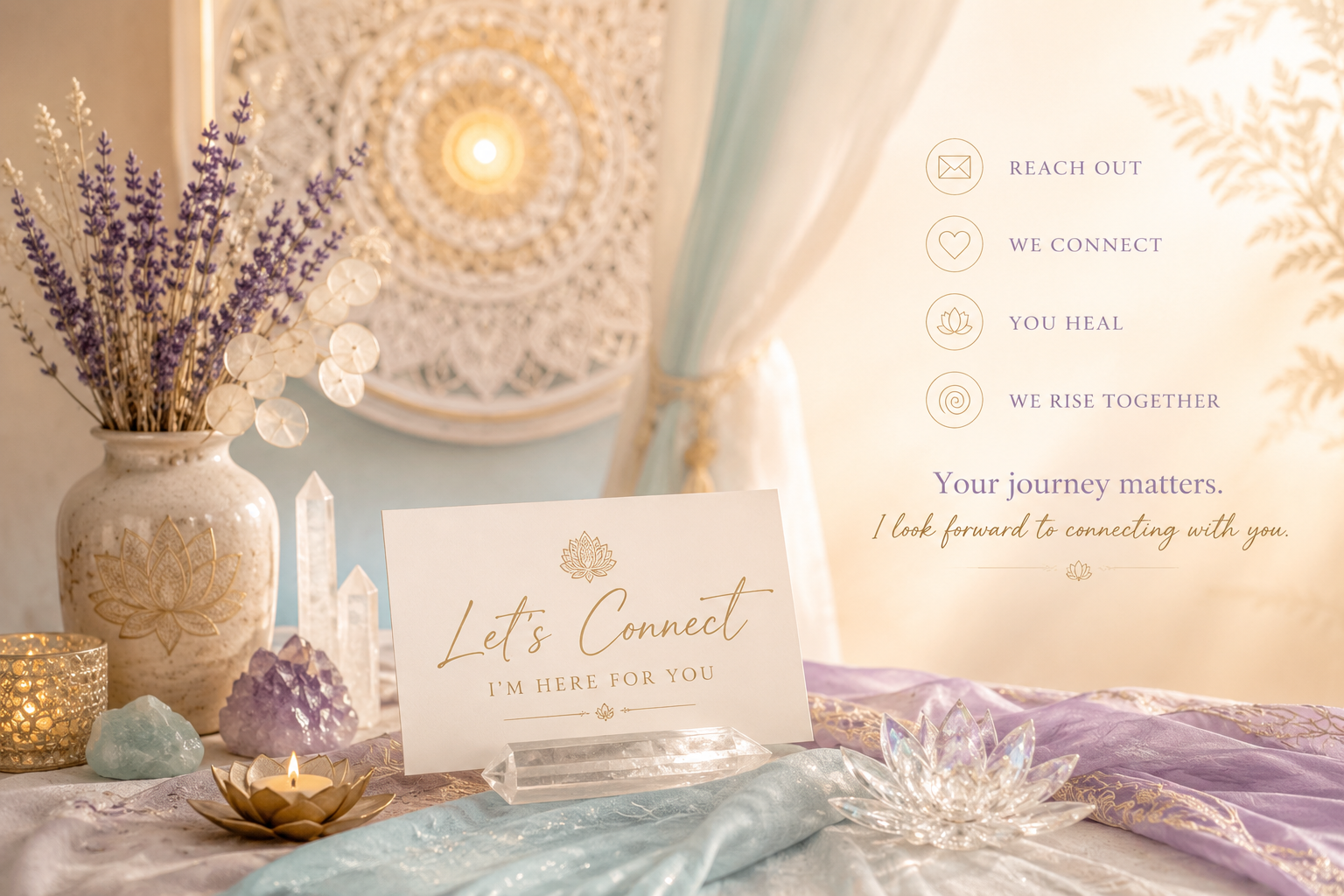 Decorative table with a card saying "Let's Connect" and "I'm here for you," surrounded by candles, crystals, and a vase of lavender.