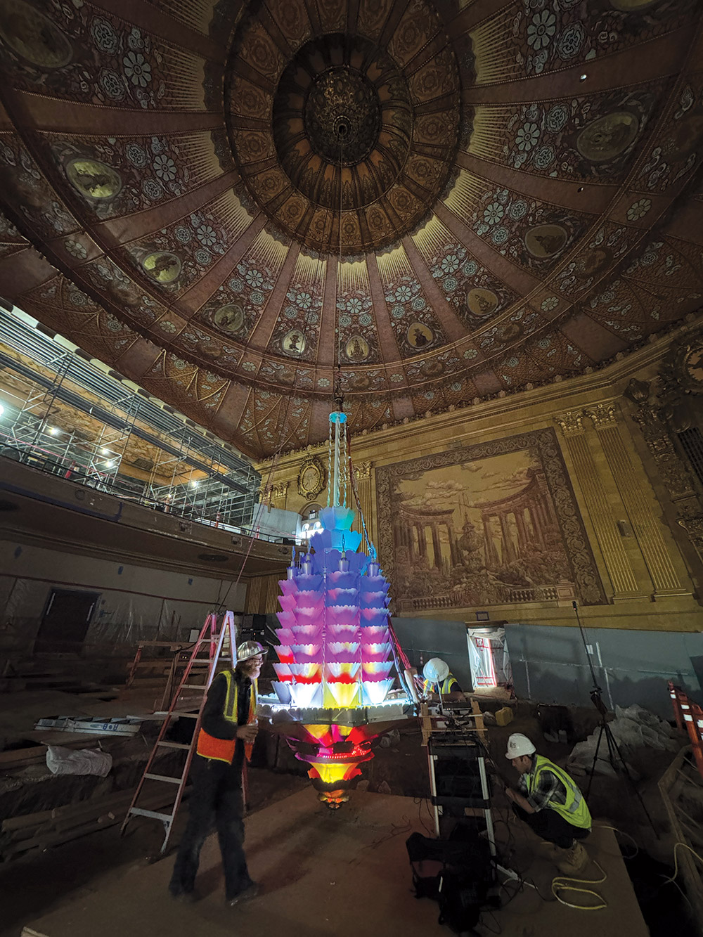The 1937-era chandelier was restored and fitted with modern LED lights.