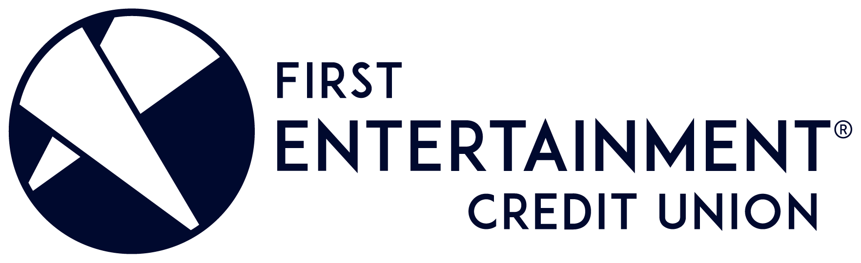 First Entertainment Credit Union logo featuring a navy blue circle with spotlights.