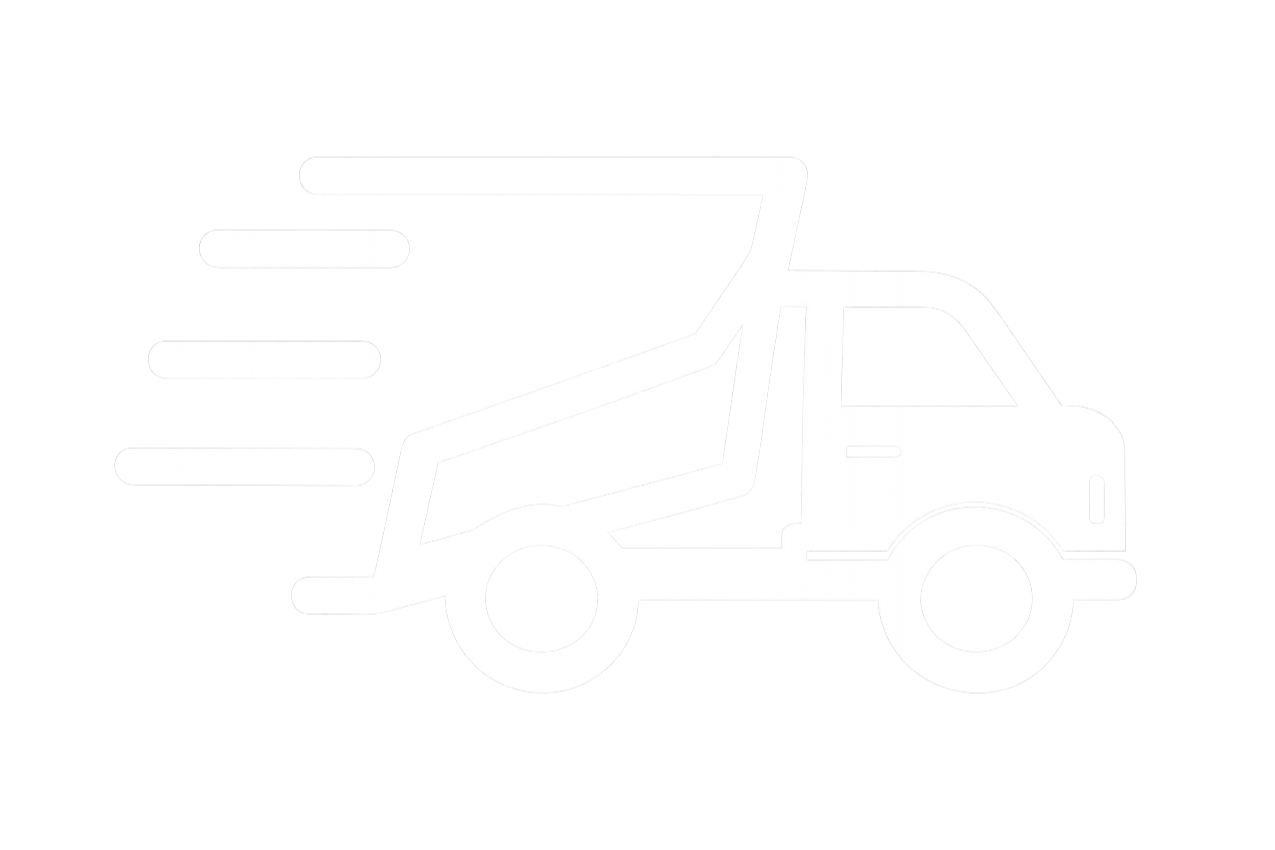 Icon of a delivery truck with motion lines indicating speed, on a black background