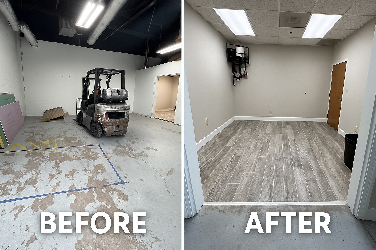 Commercial office space converted from warehouse area with new tile flooring and finished walls – Tampa renovation project