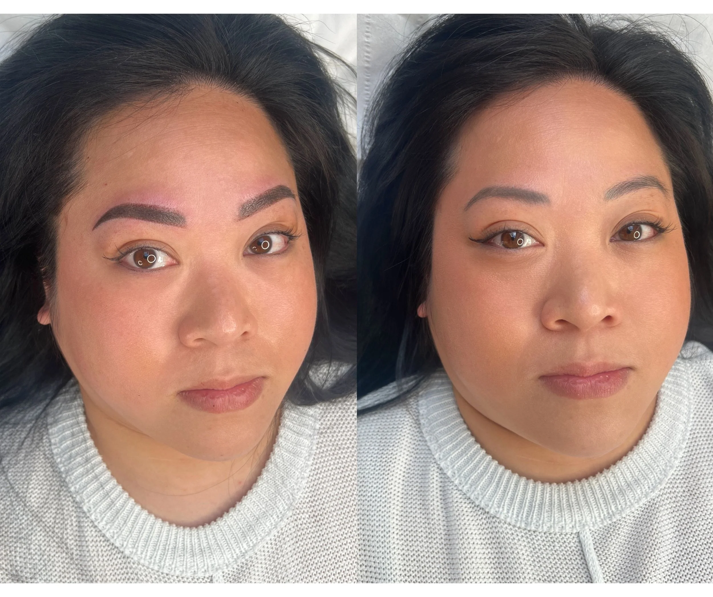 Side-by-side comparison of a woman with before and after makeup application, showing enhanced eyebrows, eyeliner, and overall facial appearance.