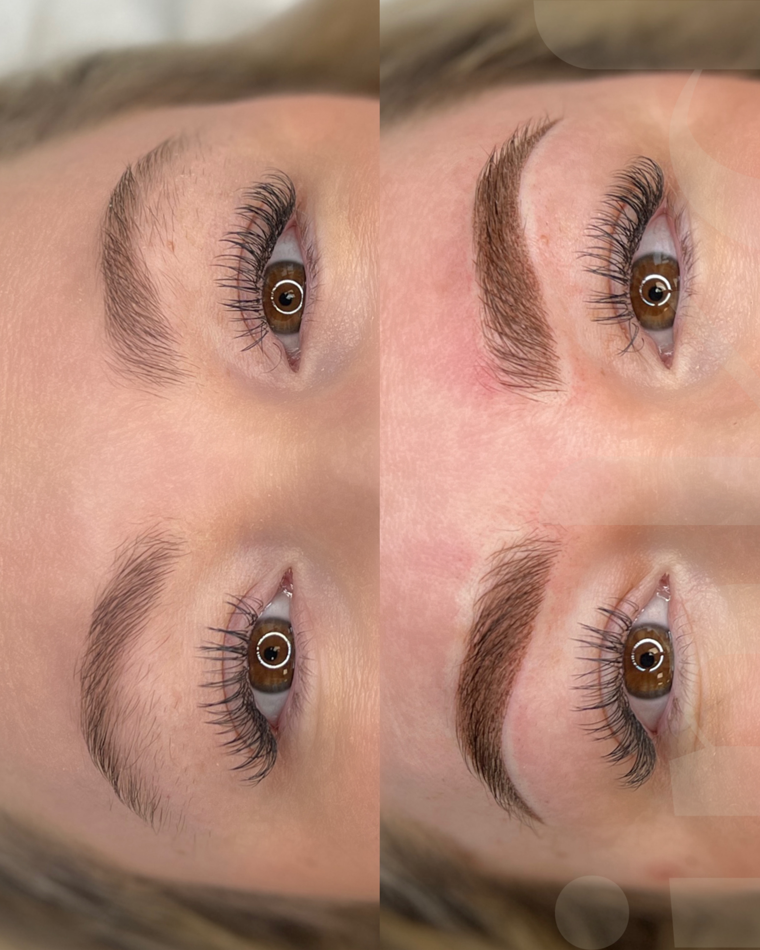 Close-up of a woman's eyes and eyebrows before and after eyebrow microblading or shaping procedure.