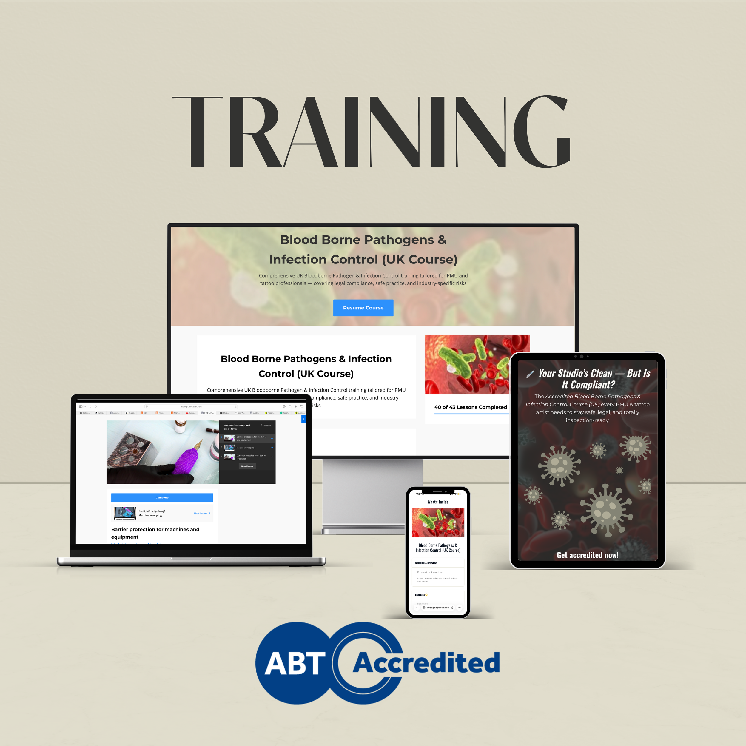 A digital graphic displaying multiple devices with training course interfaces about bloodborne pathogens and infection control. The background features a large, bold word "TRAINING" and an ABT Accredited logo at the bottom.