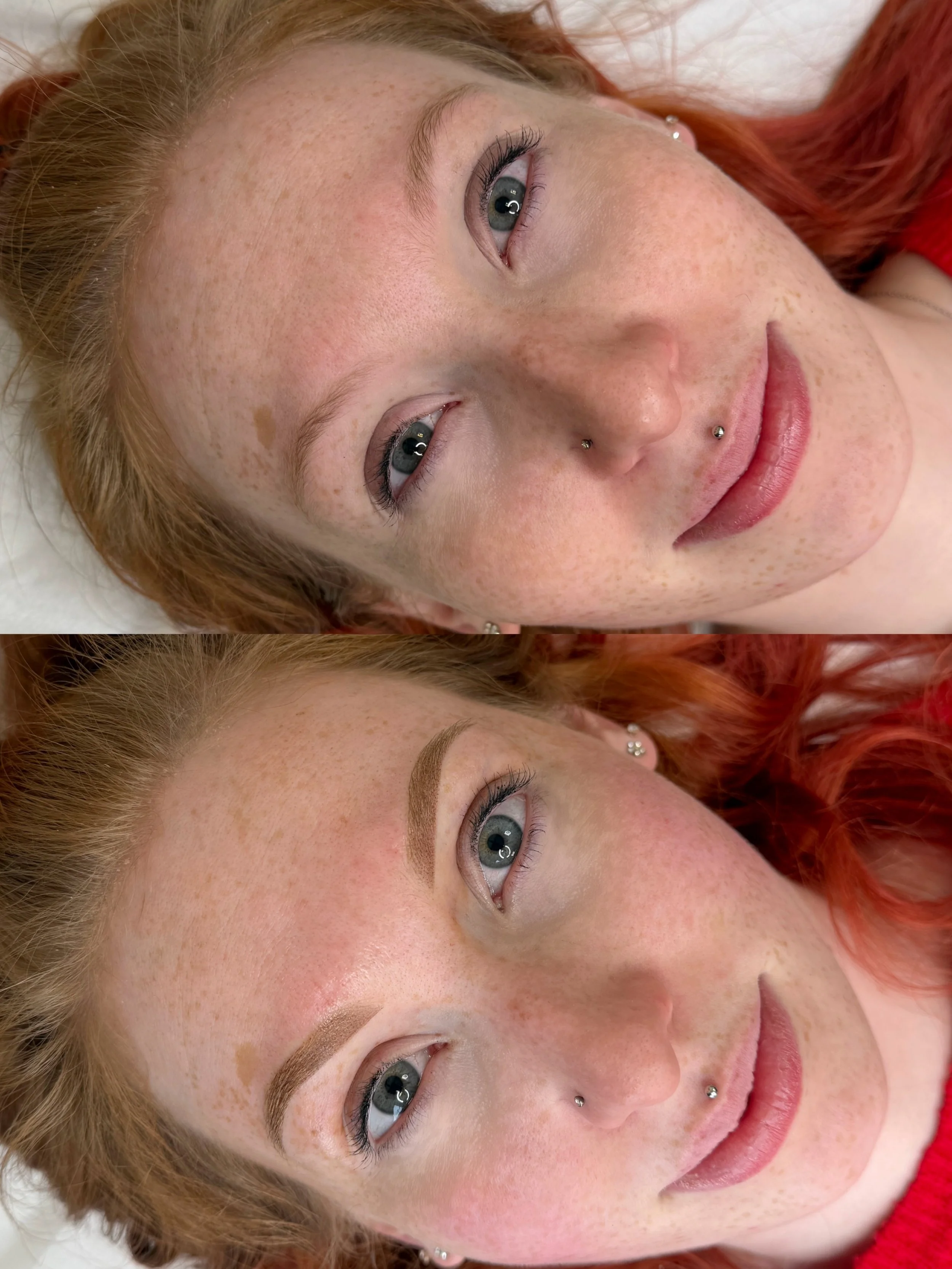 Close-up of a young woman with red hair, blue eyes, freckles, and nose piercings, lying down and looking up with a slight smile, shown twice in a mirror or duplicated image.