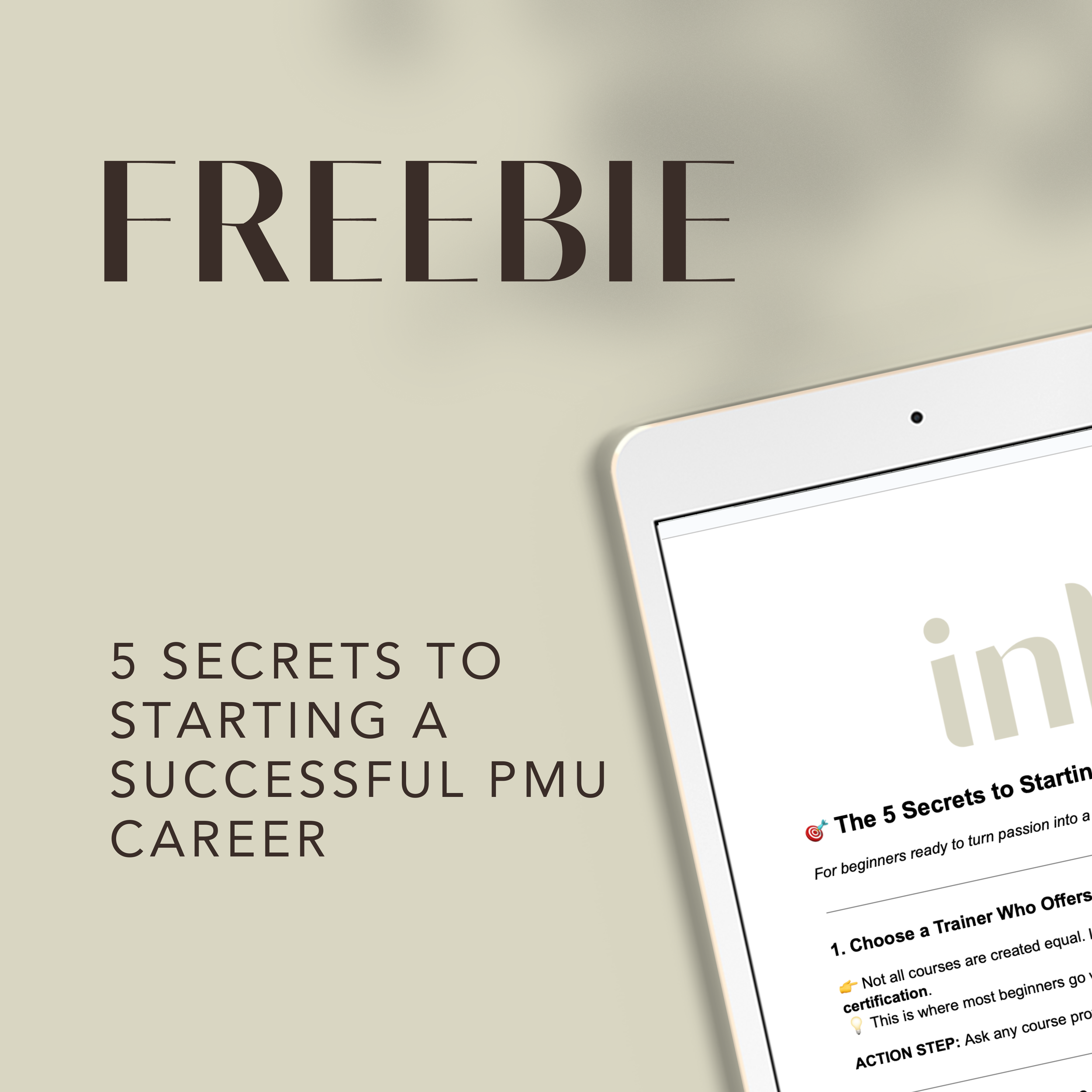 Cover page of an eBook titled "The 5 Secrets to Starting a Successful PMU Career" with a partial view of a tablet showing the beginning of the content.