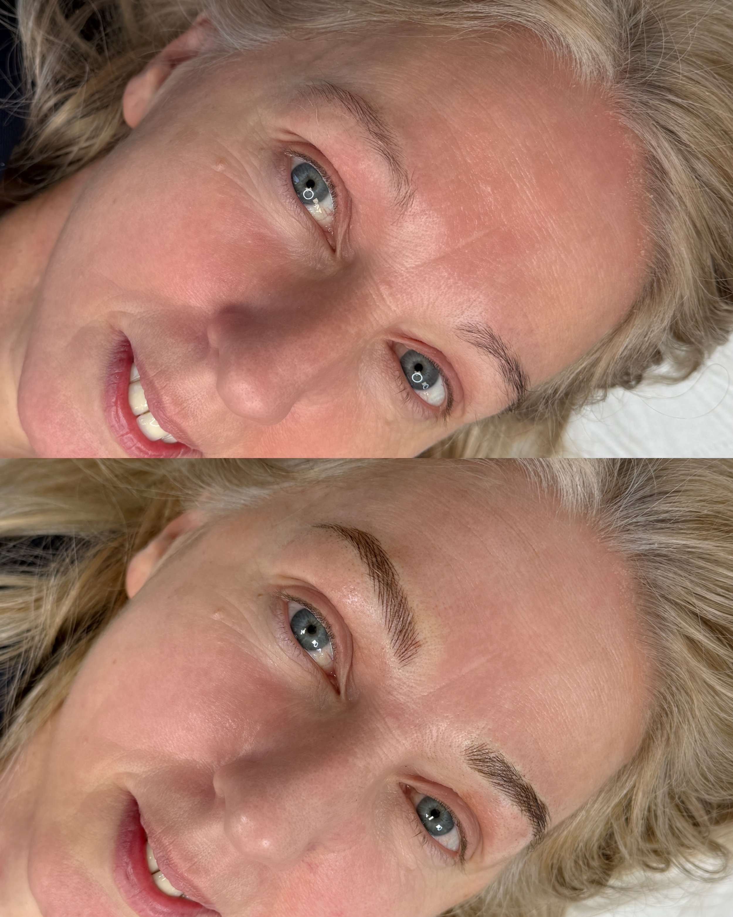 Close-up of a woman's face before and after eyebrow microblading, showing improved, fuller eyebrow appearance.